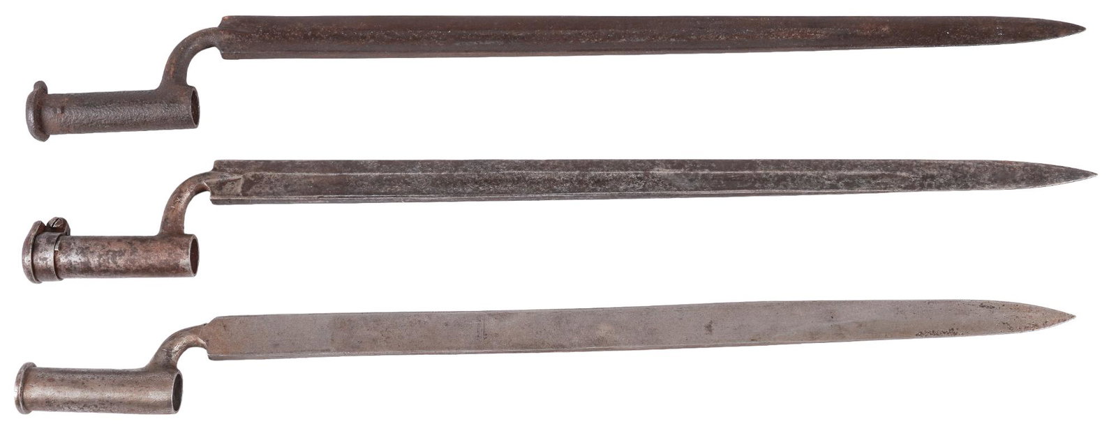 3 Blade Socket Bayonets Austrian 1849 & British 1841 Sappers: Models: (1 & 2) Austrian 1849 Jaeger rifle blade-socket bayonets (3) Indian-British 1841 Sapper & Miners blade-socket Bayonet Longest Blade Length: 23.5 in. Overall Length: 28.5 in. Conditions