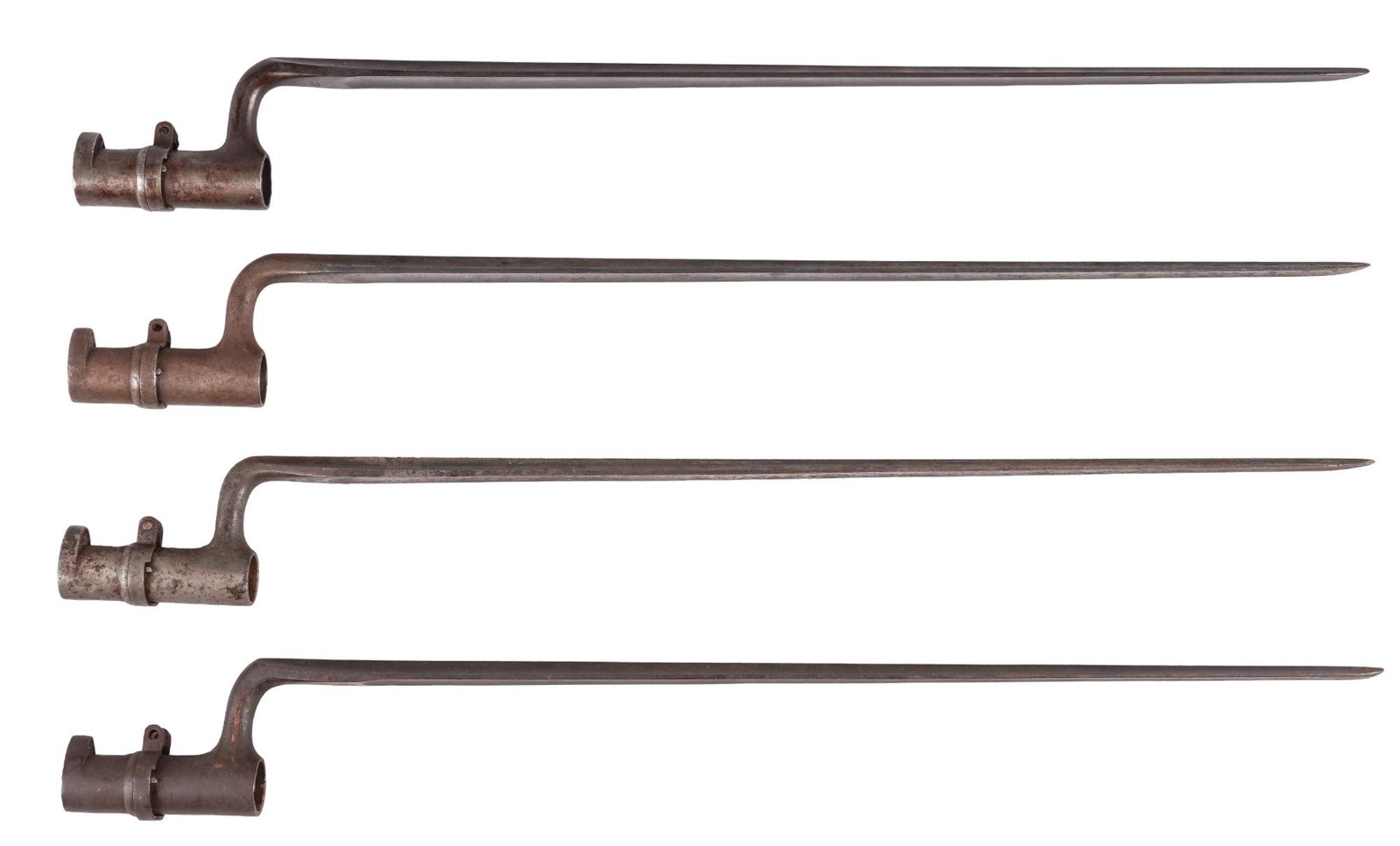 4 Socket Bayonets 1855 1855/70 1873: Models: (1 & 2) 1855/70 Socket Bayonets (3) 1855 Socket Bayonet (4) 1873 Socket Bayonet Longest Blade Length: 18 in. Overall Length: 23 in. Conditions: All have surface rust and handling marks com