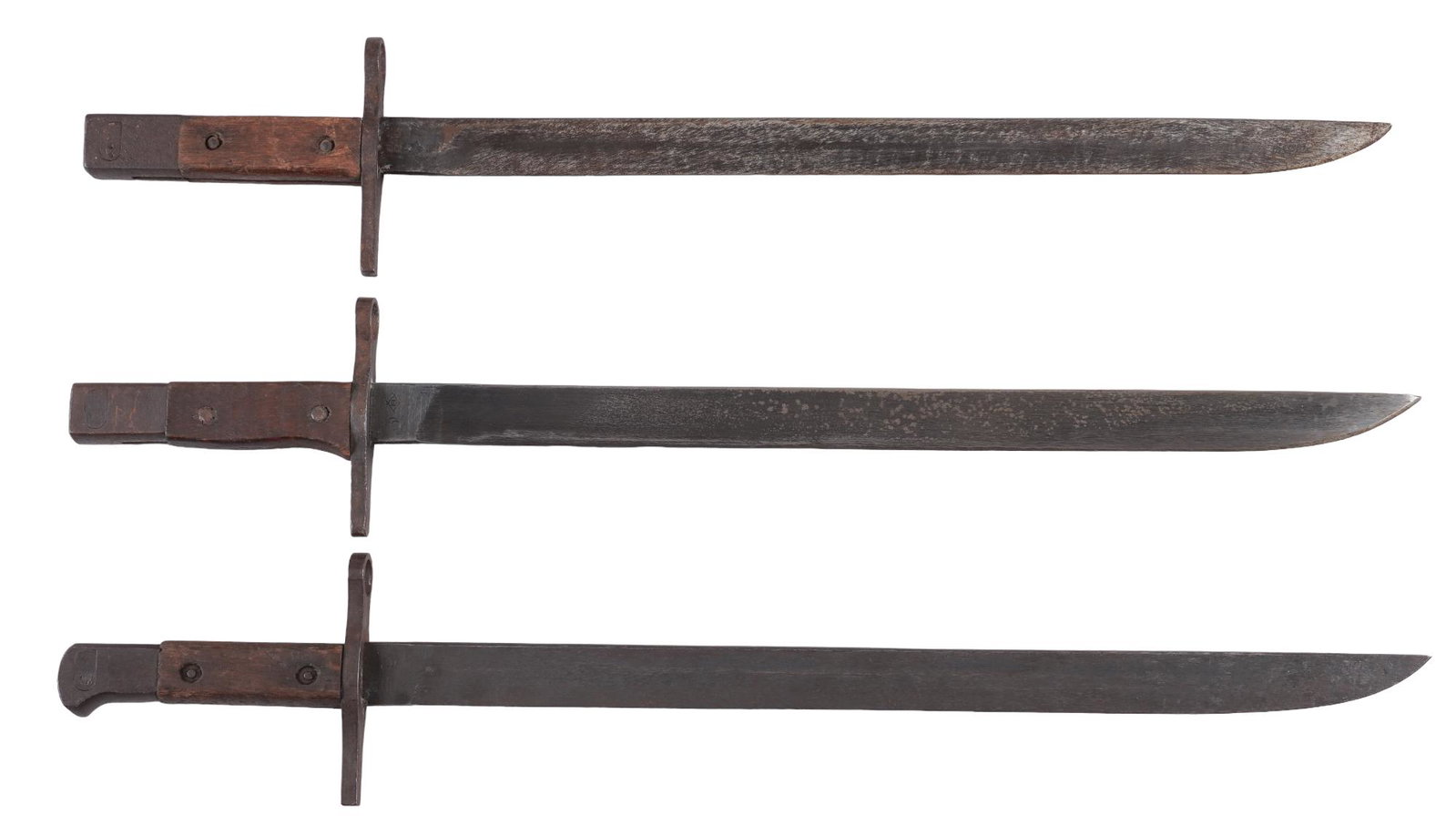 Collection of 3 Japanese Arisaka Type 30 Last Ditch Bayonets: Includes: (1) Hikari Seiki Seisakusho KK Type 30 Bayonet w/ metal scabbard; (2) Toyoda Jido Shokki Seisakusho Type 30 Bayonet w/ shaped wood scabbard; (3) Jinsen Arsenal Type 30 Bayonet w/ straight wo