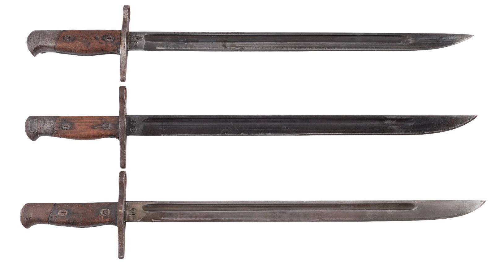 Collection of 3 Japanese Arisaka Type 30 Bayonets: Includes: (1) Kaneshiro Sakuganki Seizo KK Type 30 Bayonet; (2) Hoten (aka Mukden) Arsenal Type 30 Bayonet; (3) Riken Kozai Type 30 Bayonet Blade length: 15.5 in. Overall length: 21 in. Condition: (1)