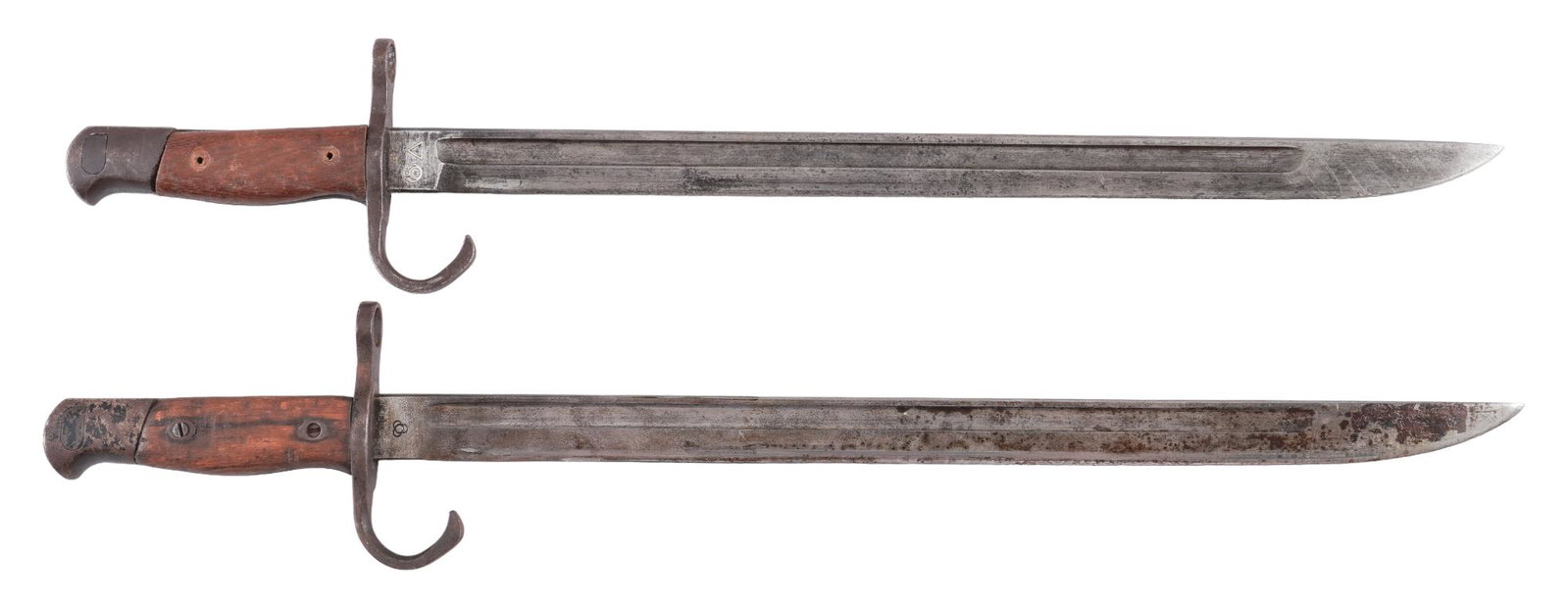 Pair of Japanese Type 30 Bayonets: Includes: (1) Aisan Kogyo Type 30 Bayonet; (2) Kokura Army Arsenal Type 30 Bayonet Blade length: 15.5 in. Overall length: 21 in. Condition: (1) good - fair; blade is bright with minor darkening spots 