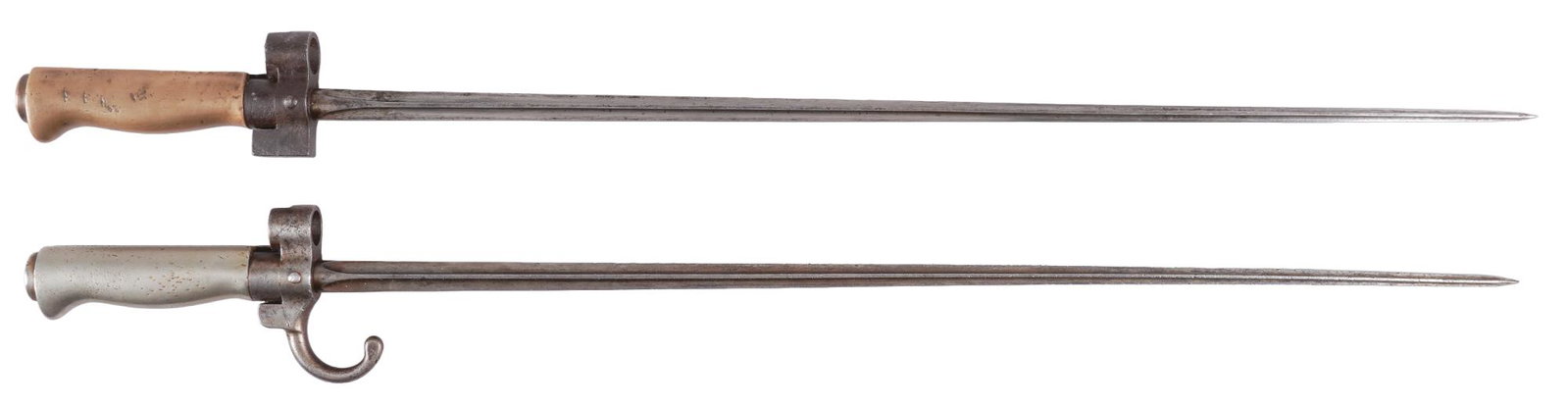 Pair of French WWI Era Lebel "Rosalie" Bayonets: Includes: (1) French Lebel brass handle bayonet w/ scabbard; (2) French Lebel cupronickel handle bayonet Blade length: 20.5 in. Overall length: 26 in. Condition: (1) Good: blade is bright with some da