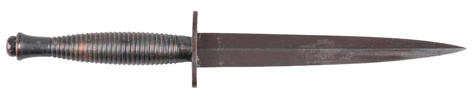 British WWII Fairbairn Sykes Fighting Knife: Model: Fairbairn Sykes fighting knife Blade Length: 7 in. Overall Length: 13.25 in. w/ scabbard Condition: Very Good - Excellent; blade has only very light marks near the front; grips have light handl
