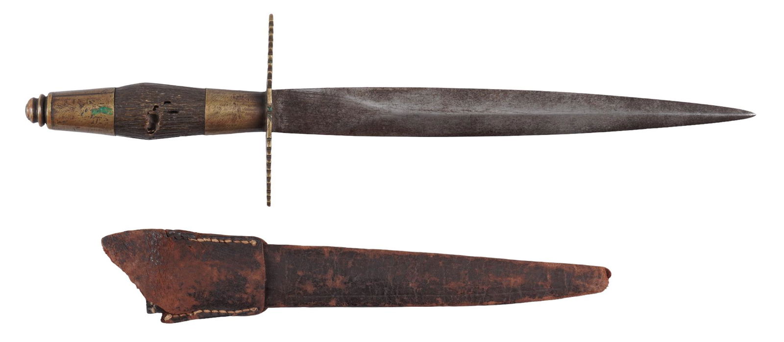 19th C. Spanish Albacete Dagger W/ Sheath: Manufacturer: unknown, Spanish Model: Albacete dagger Blade Length: 8.25 in. Overall Length: 12.5 in. Condition: Fair; blade has pitting & dark patina throughout; brass on handle has moderate hand