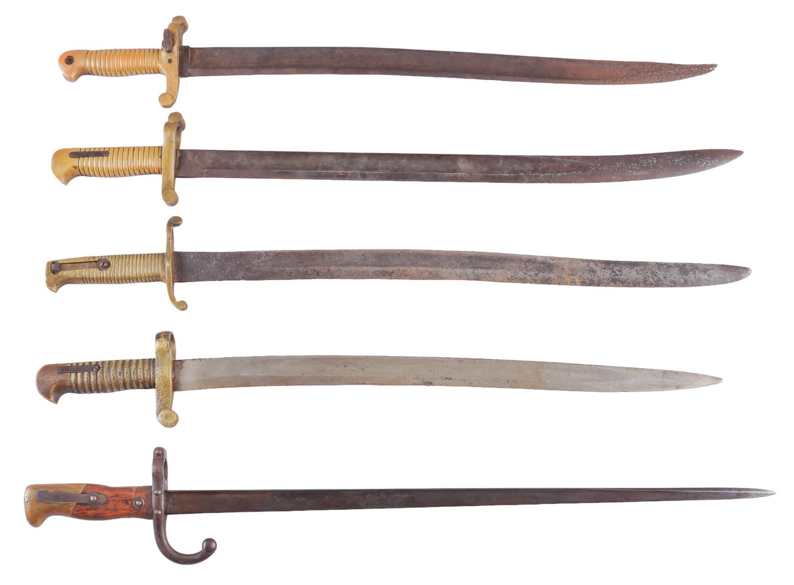 Collection of 5 Civil War Bayonets: Rare Cook & Brother: Includes: -Civil War Sword bayonet, J. Henry & Sons style; 24.25 in. OAL -Civil War Sword bayonet, Cook & Brother style; 25.75 in. OAL -Pre- Civil War M1841 Type I Snell Pattern bayonet; 26.25