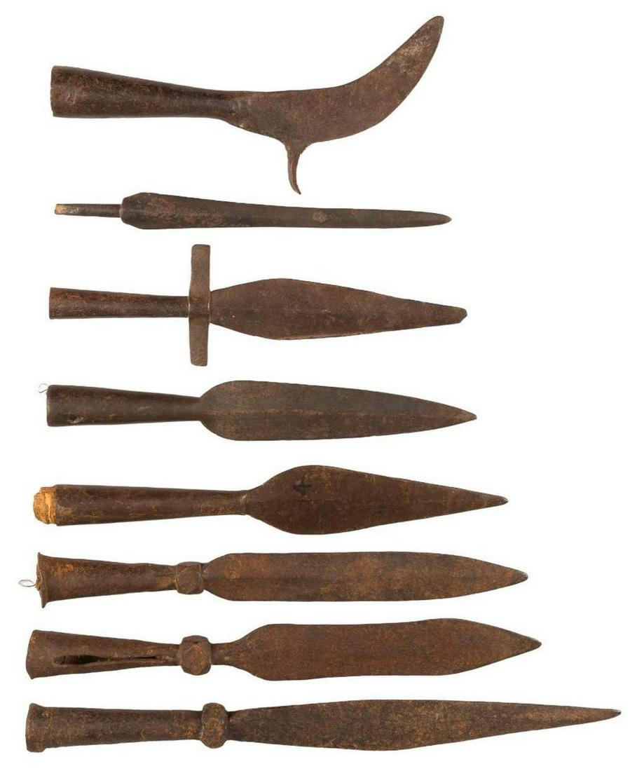 Collection of 8 Pre-1900 Pole Arm Heads: Includes: (1-3) large pike/spear head (Revolutionary War era); (4 & 5) 19th c. large pike head; (6) 18th c. boar spear head; (7) Antique Spanish Colonial cattle hocking blade head; (8) Sumatran st