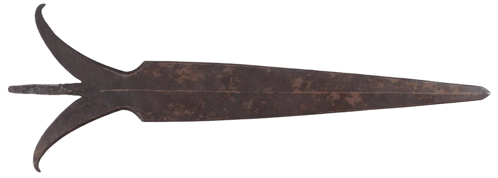 1700-1800s Spontoon Spear Head: Model: Spontoon spear head Blade Length: 18.25 in. Overall Length: 19 in. Condition: Good-fair;blade has overall dark patina with some spots of bright showing through, but shows little to no edge wear