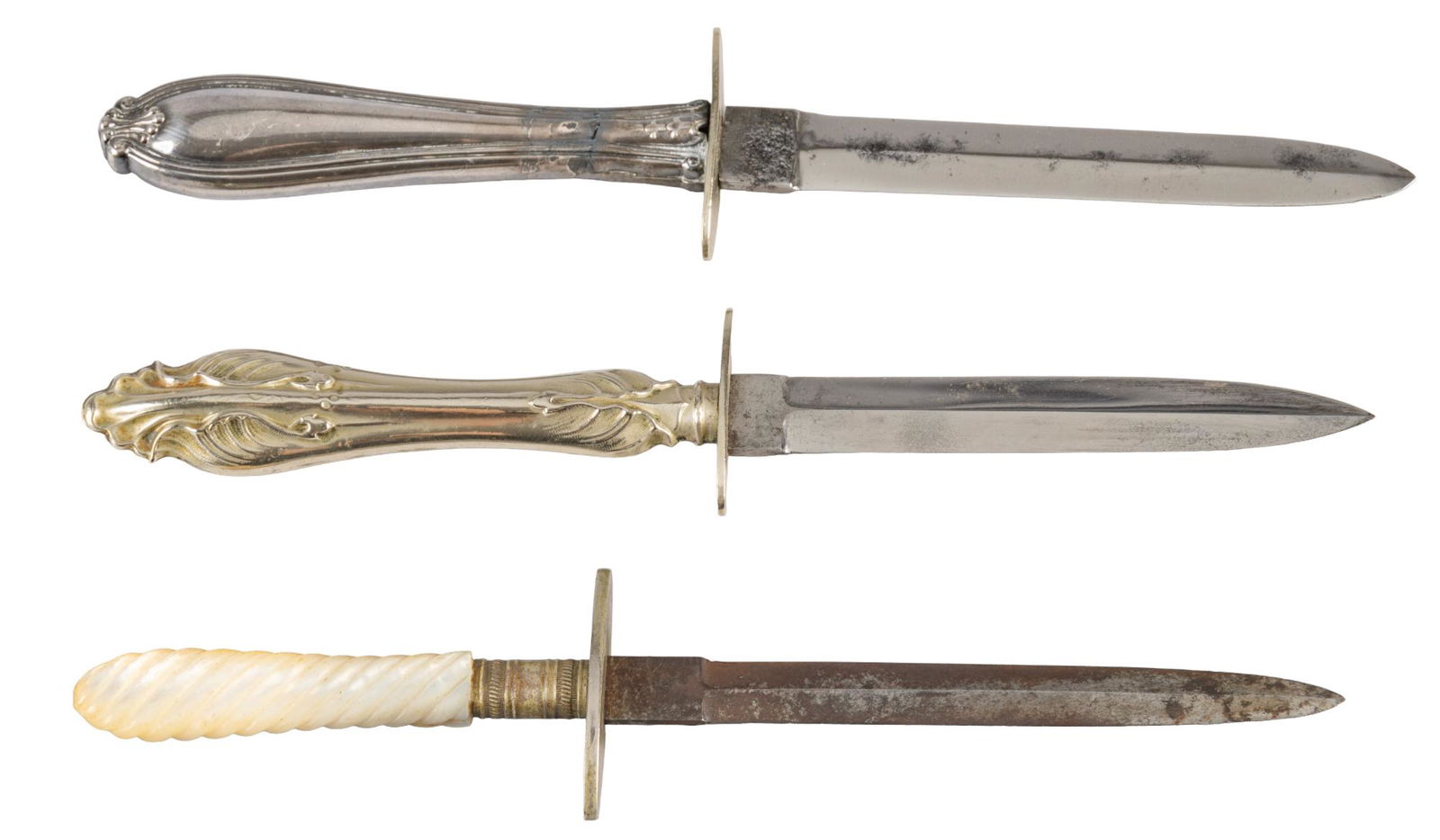 Collection of 3 US Marked & Sheffield Boot Daggers: Includes: (1) US silver handle boot dagger w/ wood & silver sheath; (2) US silver handle boot dagger w/ leather sheath; (3) Joseph Allen & Sons, Sheffield England pearl handle boot dagger Long