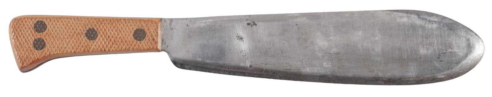 WWII Briddell US Medical Corps Knife: Manufacturer: Briddell Blade Length: 11 in. Overall Length: 17 in. Condition: Very Good; blade has light wear, with some light spots of darkening scattered throughout; Hand Checkered grips have light 
