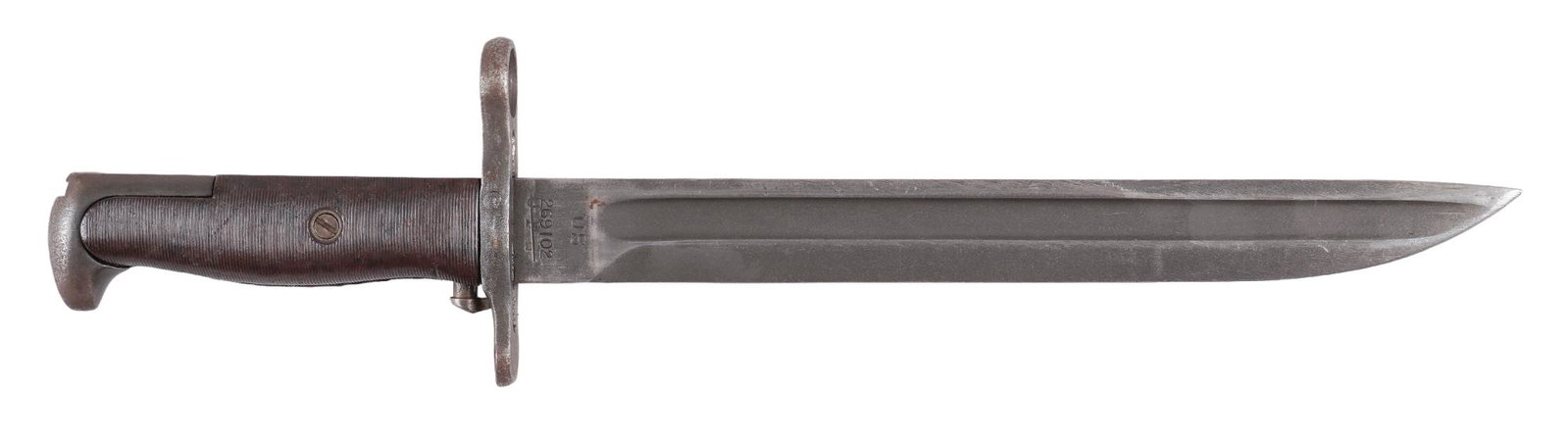 US M1 Garand 1905 E1 Bayonet: Manufacturer: Rock Island Armory (Converted by Union Fork & Hoe) Model: M1905E1 Bayonet Blade Length: 10 in. Overall Length: 15 in. Condition: Very Good-Good; blade has light wear, with marks from