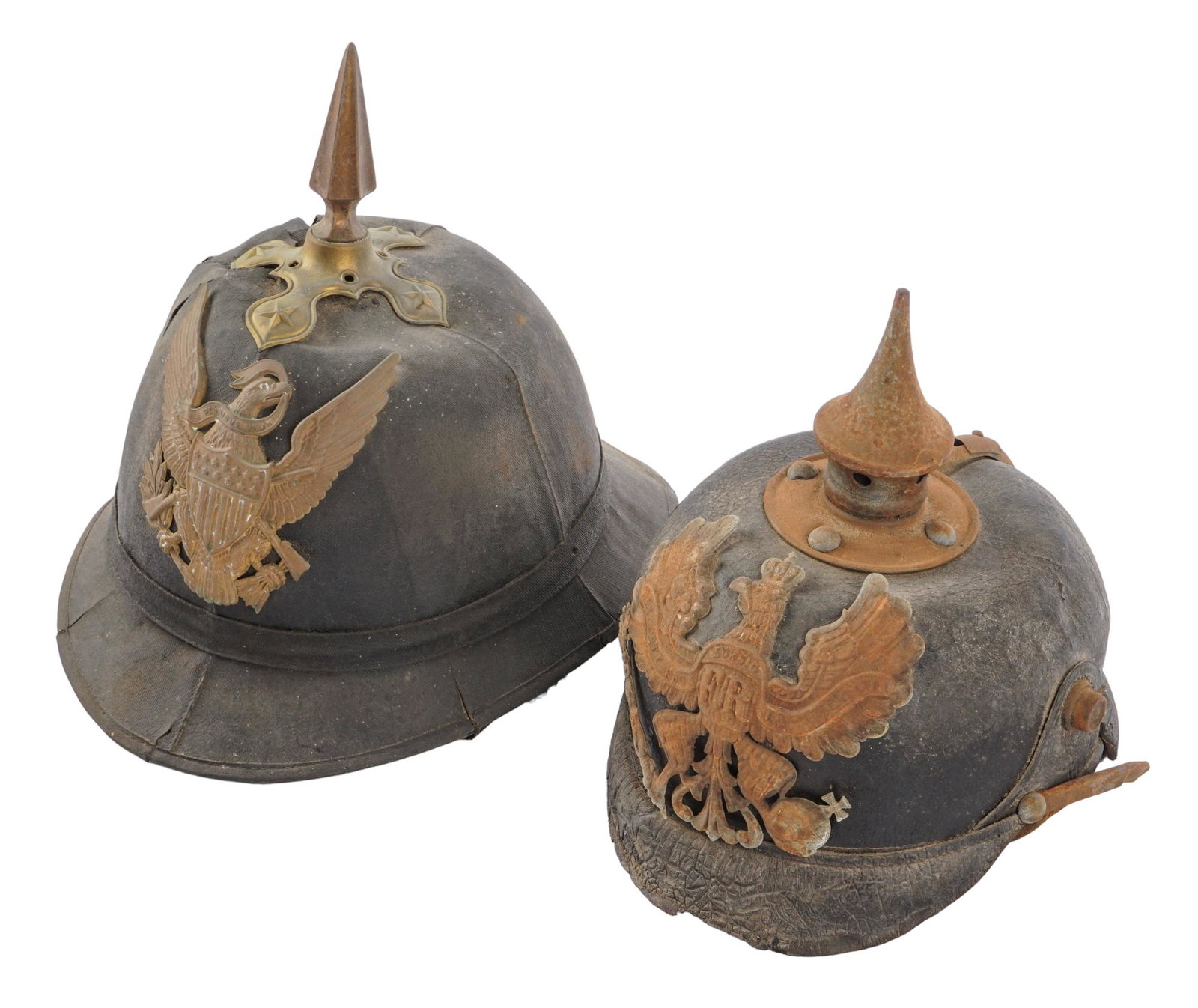 Spanish American War Infantry Helmet & Prussian Pickelhaube Helmet: Includes: -Spanish-American War US Infantry Spiked Helmet -Imperial Prussian Pickelhaube Spiked Helmet; marked: "56 1/2" & "41.3396" Condition: both are as-is / poor; very worn mat
