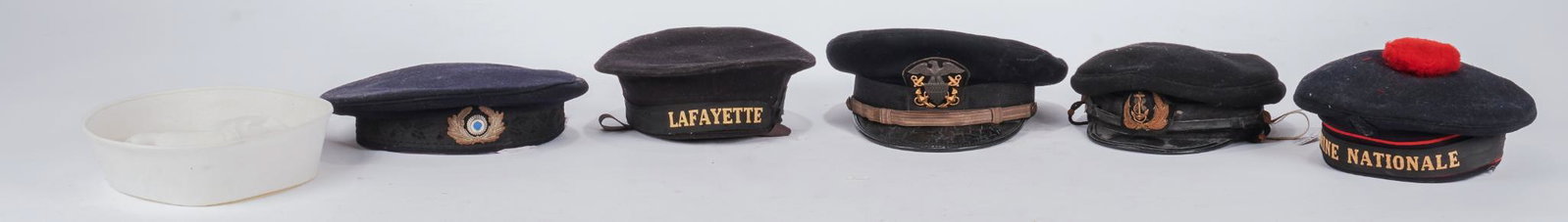 6 Naval Hats Japanese French German US Pre WWI: Includes: 1- French navy cap 2- US pre-WWI Naval Officers Cap 3- German Naval Cap (possibly WWII?) 4- Japanese WWII Naval Cap 5- Unknown "Lafayette" Cap 6- US "Dixie Cup" Cap Condition