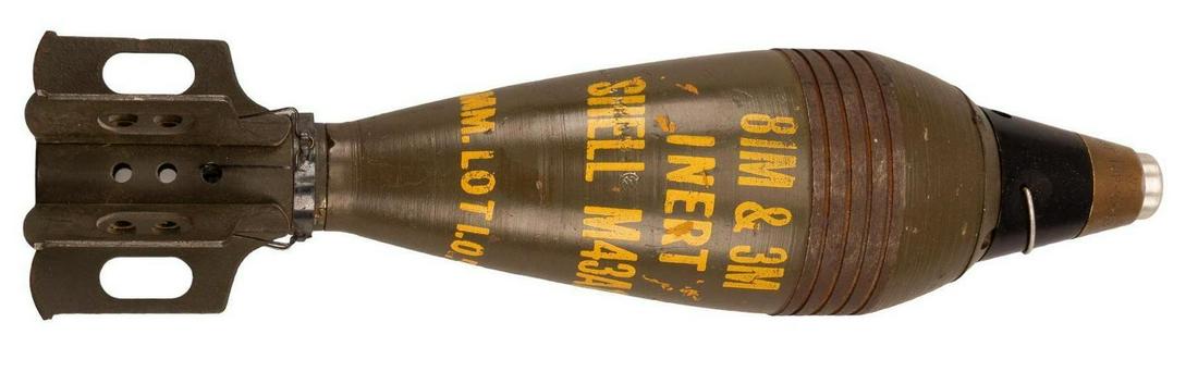 WWII US M43A1 81mm Mortar: Model: M43A1 Light Training 81mm Mortar M1 Overall Length: 13.5 in. Condition: Very Good; Shell retains good original paint and good original stampings with no gouges or scratches; Bakelite fuse has l