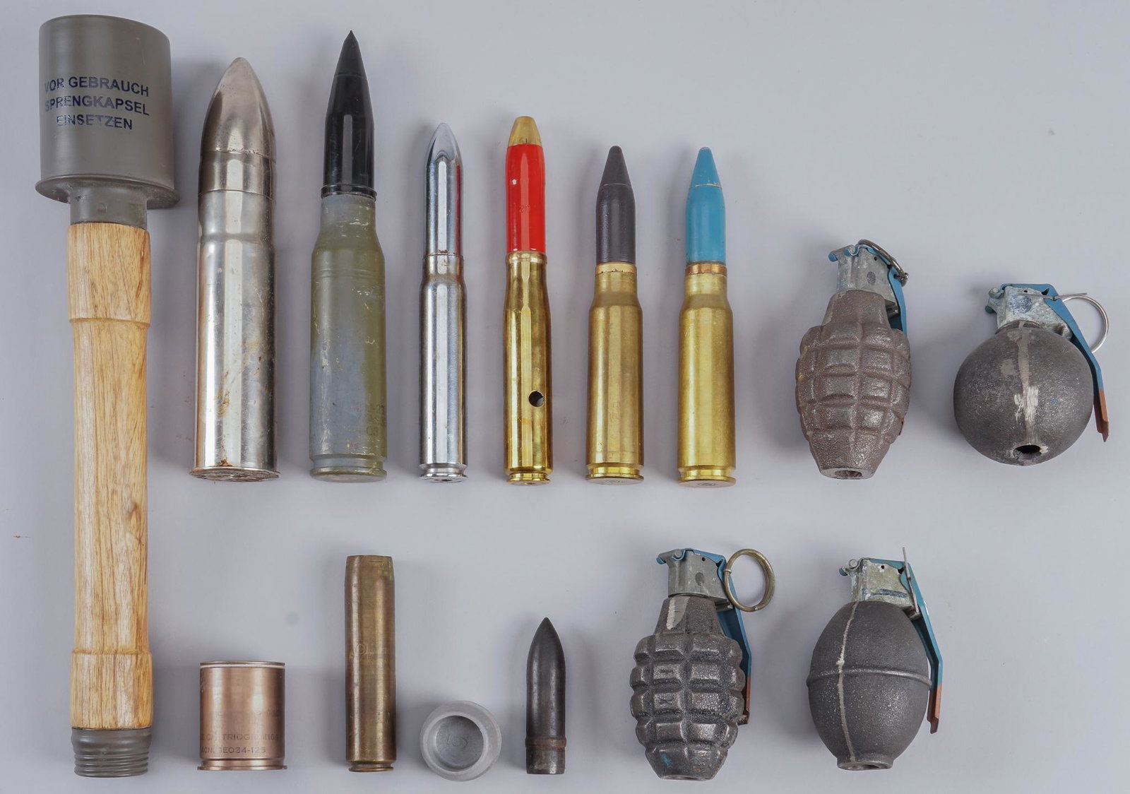 Lot of Inert 20mm Cannon Rounds, Grenades and more: Includes: (1) Two inert 20x110mm Oerlikon Cannon rounds (one Chromed) (2) 20x110mm Oerlikon Cannon casing (3) Flak 30/38 20mm projectile (4) Two 20x102 rounds (1 inert , 1 plastic dummy) (5) 30mm Vulc