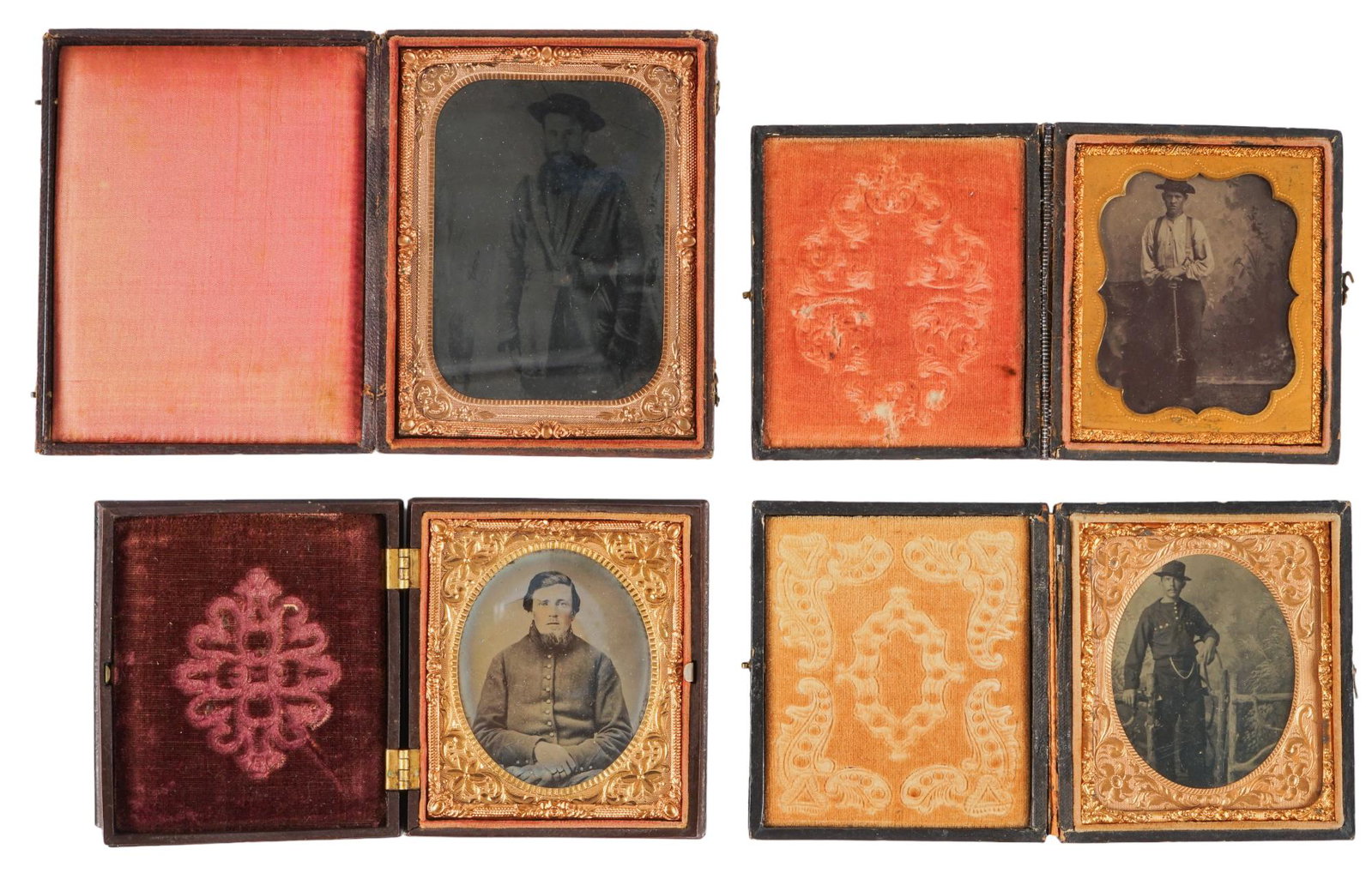 Collection of Civil War Era Soldier Tintypes in Cases: Includes: -unnamed young man holding Cavalry Carbine -Confederate soldier portrait; S. Peck & Co. Union Case -Confederate soldier Guerrilla portrait w/ revolver in belt -soldier portrait at gate P