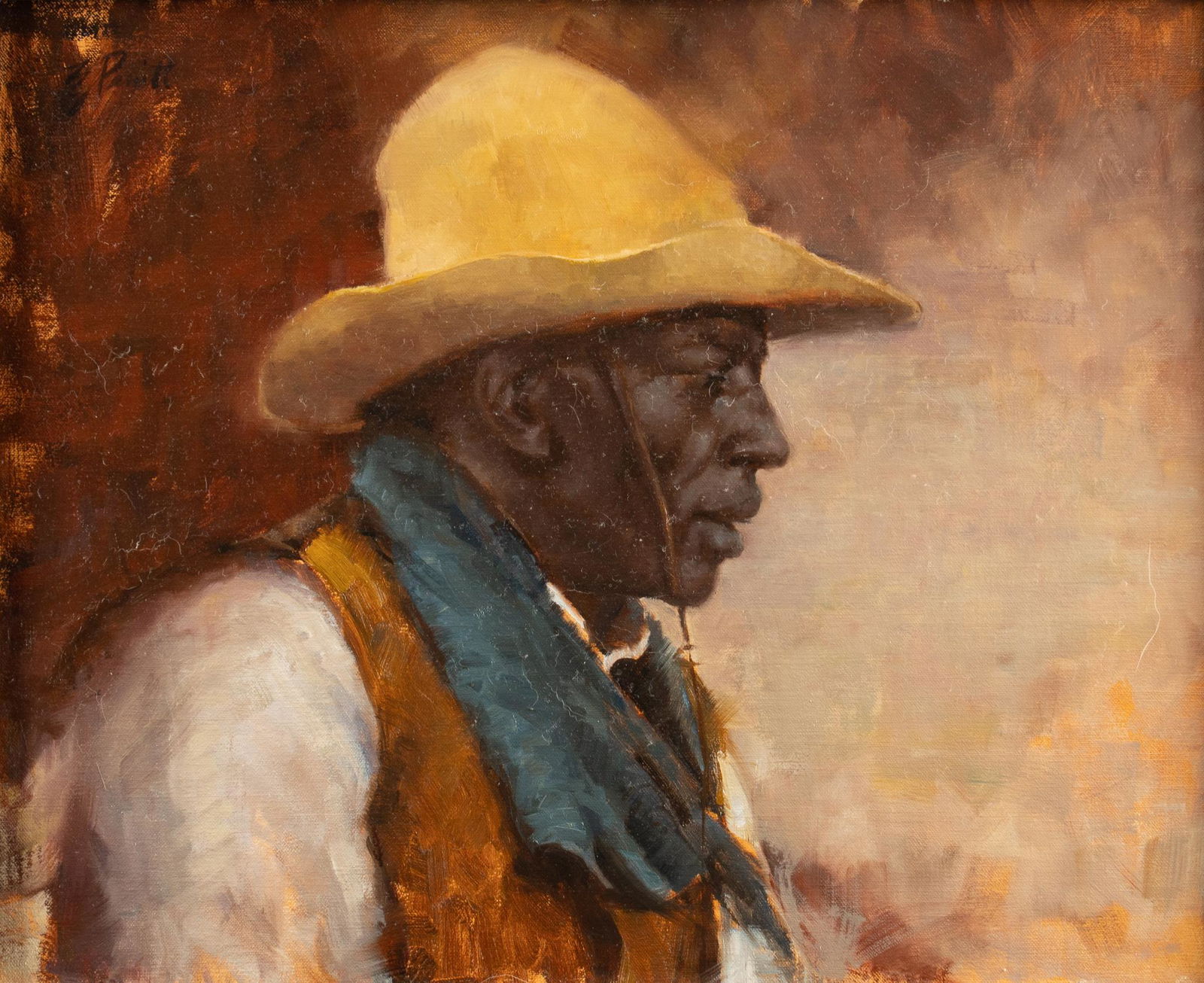 Elizabeth Pruitt, "The Black Cowboy": Elizabeth Pruitt, "The Black Cowboy", oil on canvas board sight: 15.5 x 19.5 in., frame: 25.5 x 29.5 in. We happily provide seamless shipping services on everything we sell. Please email us