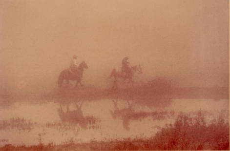 Bank Langmore, "Riders in the Fog": Bank Langmore, "Riders in the Fog -- 06 Ranch, Alpine, Texas", sepia photograph sight: 16 x 24 in., frame: 24.5 x 30.5 in. €â€¹€â€¹€â€¹€â€¹€â€¹&e