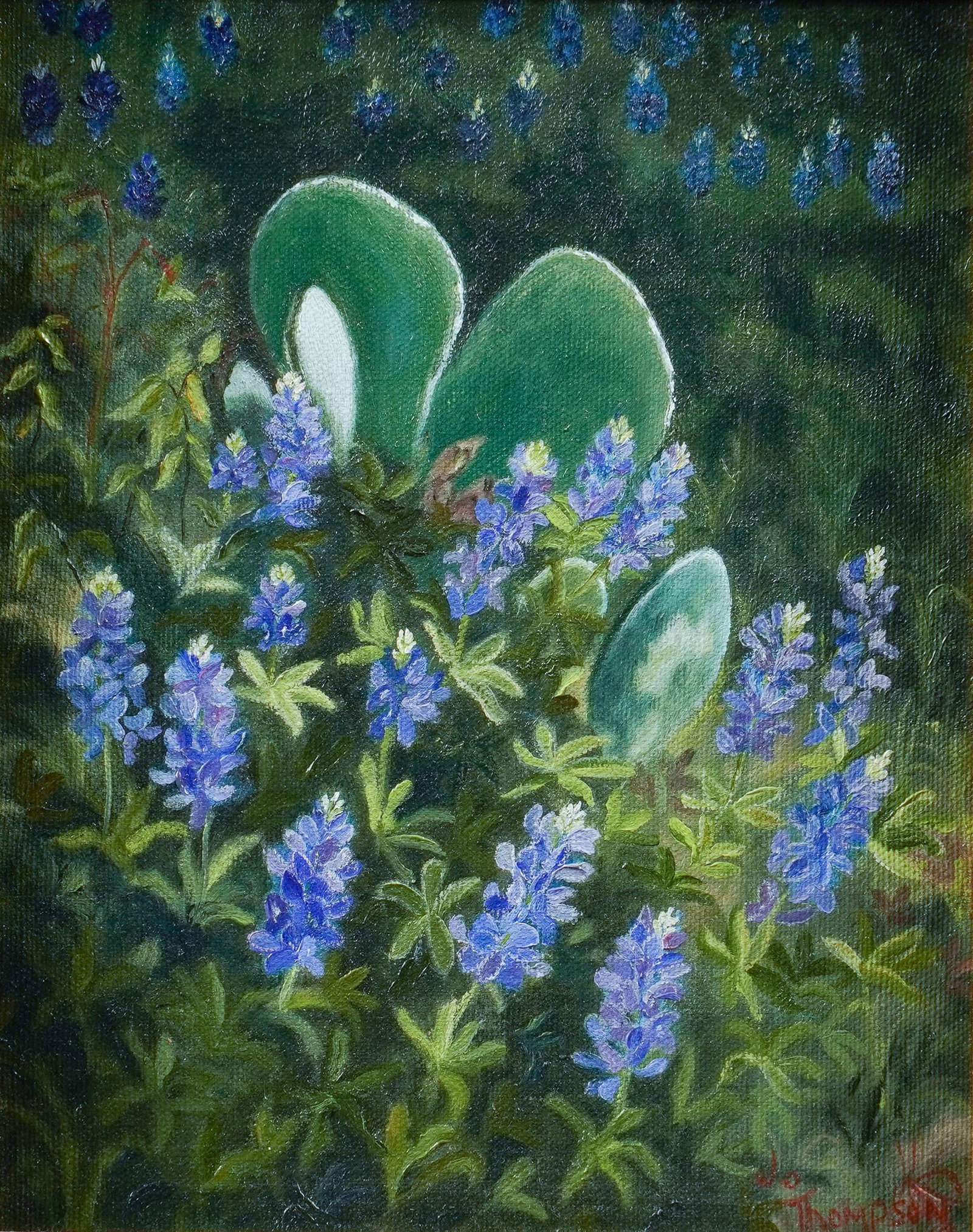 Jo Thompson, Bluebonnets and Cactus: Jo Thompson, study of bluebonnets and cactus, oil on canvas sight: 9.5 x 7.5 in., frame:14.5 x 12.5 in. €â€¹€â€¹€â€¹€â€¹€â€¹€â€¹€â€¹&euro