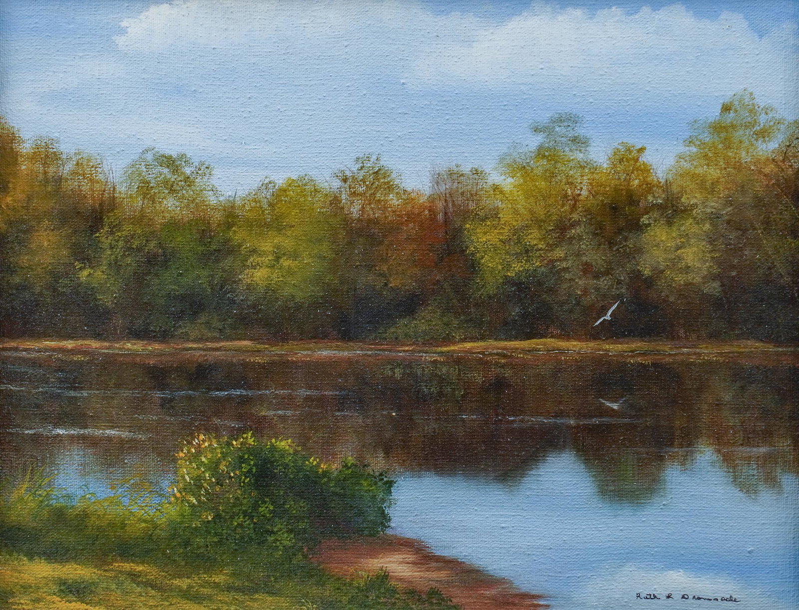 Ruth L. Dunn, "en Ode": Ruth L. Dunn, "en Ode", landscape of river and trees, oil on canvas sight: 12 x 16 in., frame: 19 x 23 in. €â€¹€â€¹€â€¹€â€¹€â€¹€â€¹€�
