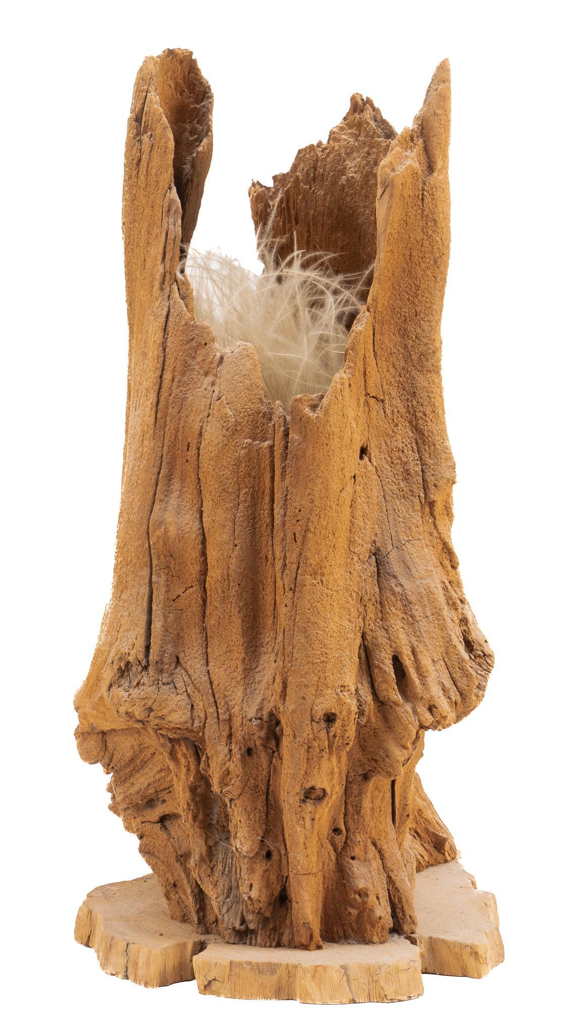 Driftwood Sculpture: Rustic driftwood sculpture, with plant decoration, on sawn log base height 24.5 in. x width 11 in. x depth 15 in. We happily provide seamless shipping services on everything we sell. Please email us a