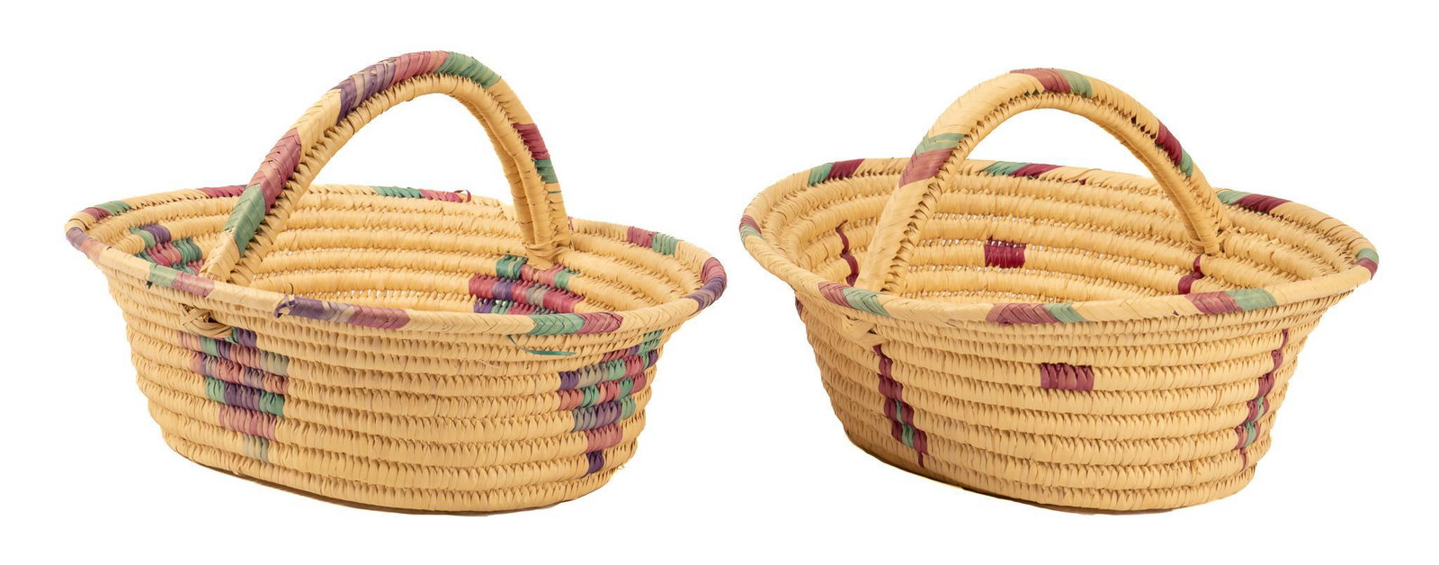 Pair of Southwestern Style Woven Baskets: Pair of woven baskets, each having matching Southwestern style design height 14.5 in. width 24 in. x depth 19.5 in. We happily provide seamless shipping services on everything we sell. Please email us