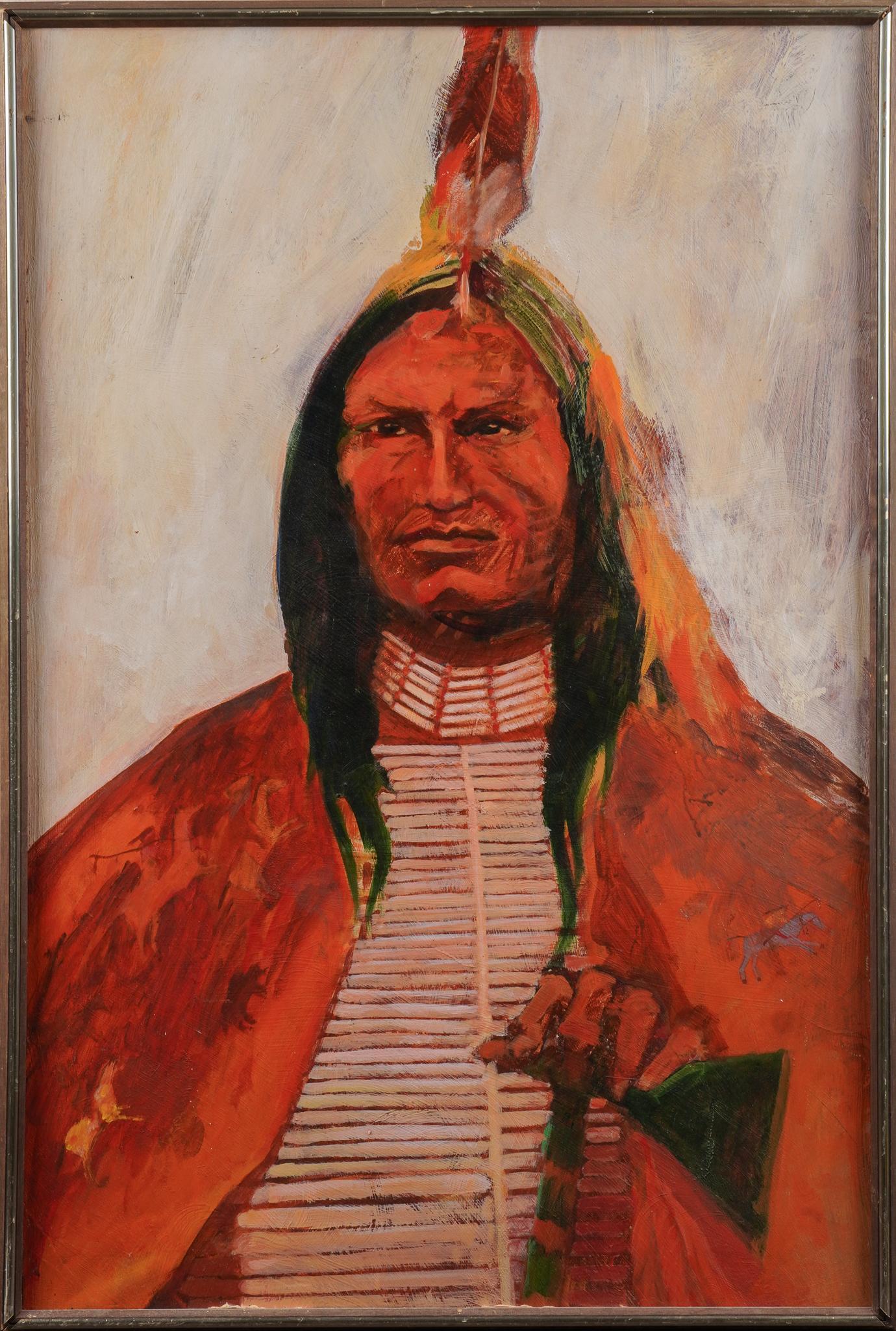 Native American Portrait: Native American portrait, artist unknown, oil on masonite sight: 35.5 x 23 in., frame: 38 x 25.5 in. Provenance: A San Antonio, Texas collection We happily provide seamless shipping services on everyt