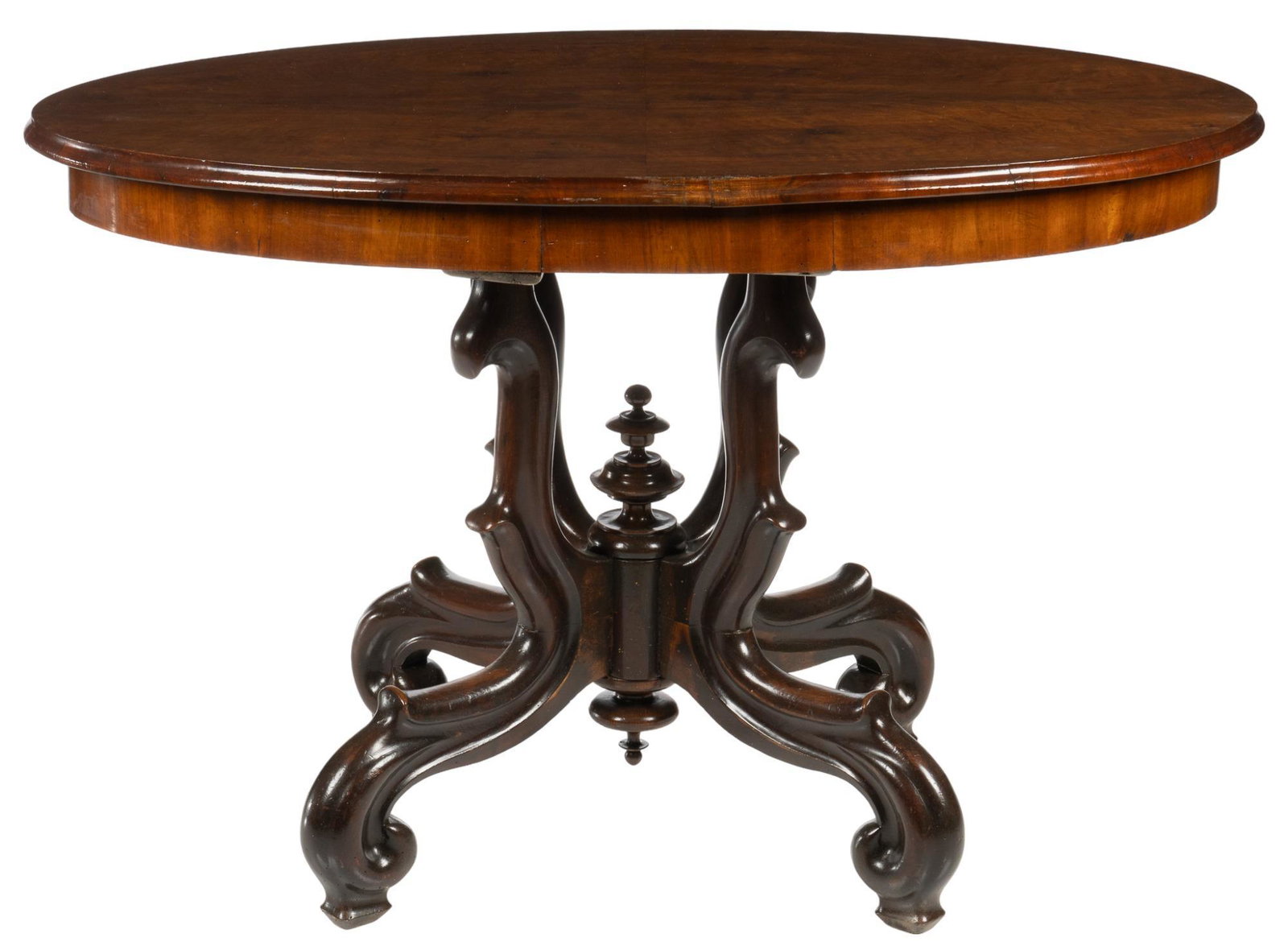 Pedestal Table: Pedestal table, with beveled oval top, supported on scrolled legs, featuring center finial accent height 30 in. x width 46 in. x depth 29.5 in. We happily provide seamless shipping services on everyth