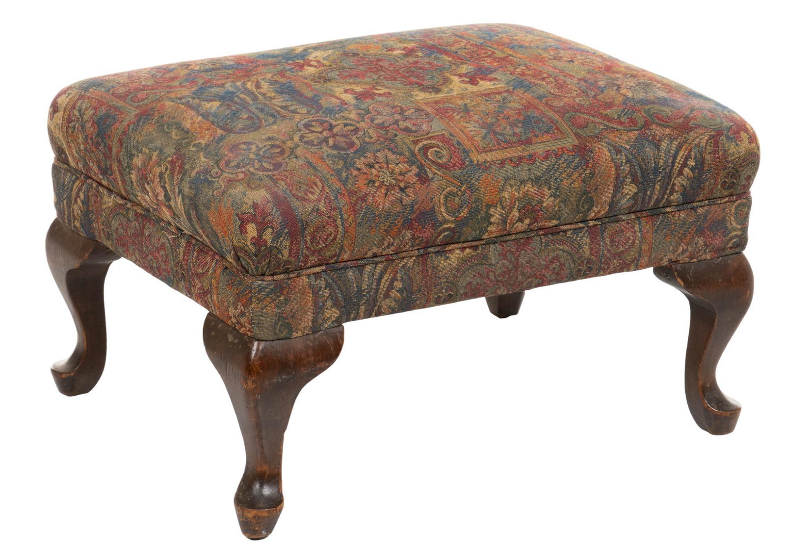 Queen Anne Footstool: Queen Anne footstool, original upholstery height 14 in. x width 25 in. x depth 19 in. Provenance: A San Antonio, Texas collection We happily provide seamless shipping services on everything we sell. P