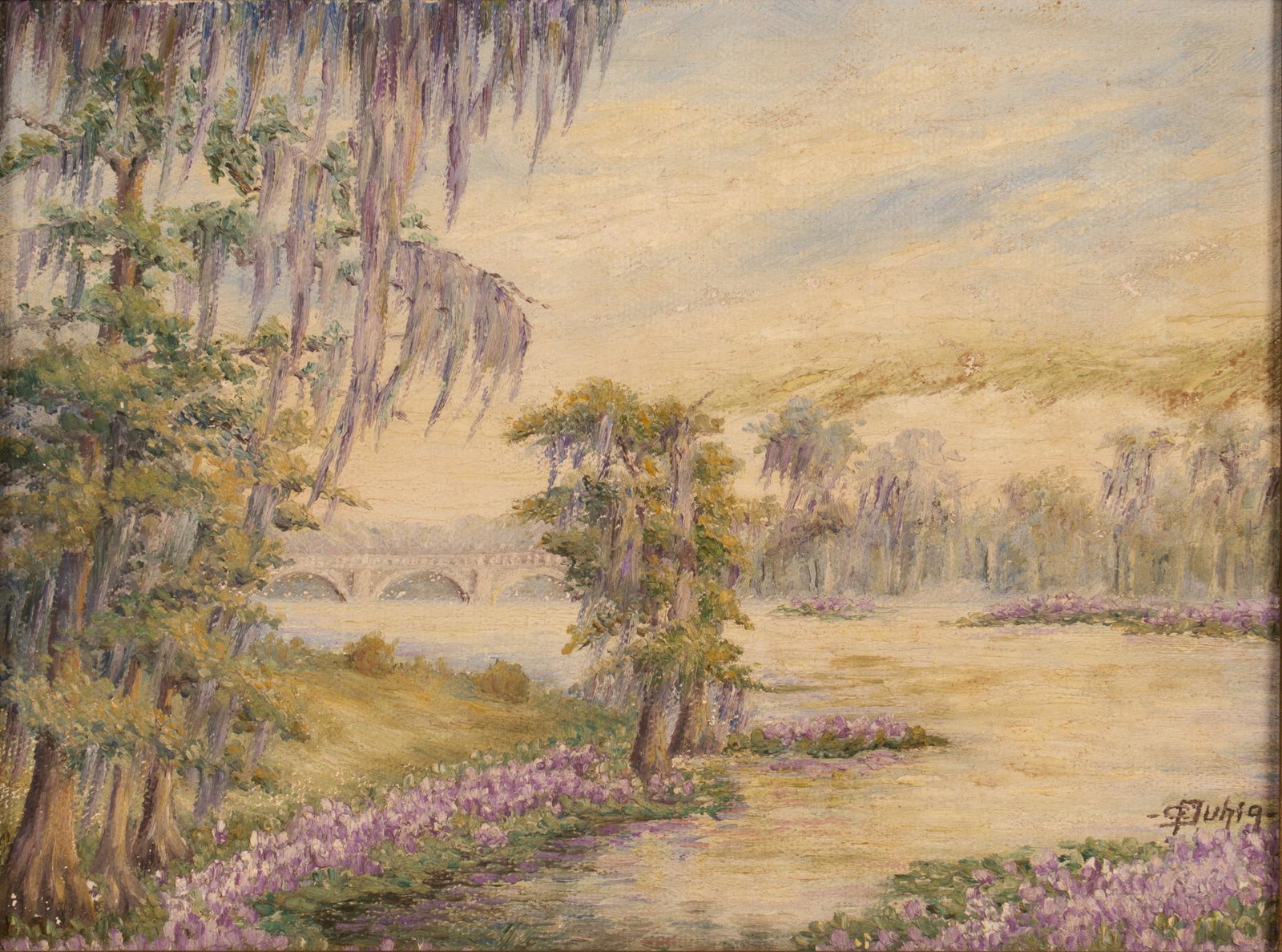 Camilla Duhig, Bayou with Spanish Moss: Camilla Duhig, bayou with Spanish moss, oil on board height 12.5 in. x width 15.75 in. x depth 1 in. We happily provide seamless shipping services on everything we sell. Please email us at shipping@vo