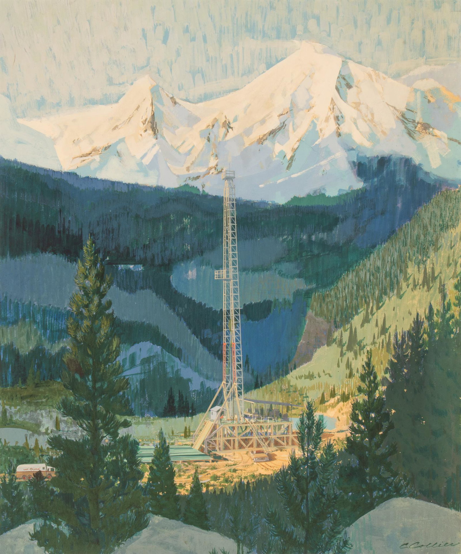 Carroll Collier, "The Mountain Wildcat": Carroll Collier (Texas, 1923-2017), "The Mountain Wildcat", oil derrick, gouache height 27.25 in. x width 24 in. x depth 1.25 in. We happily provide seamless shipping services on everything we sell. P