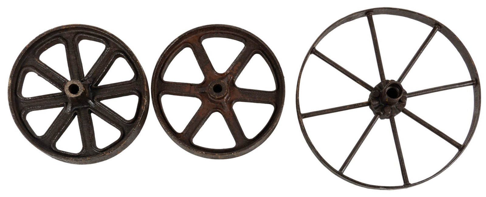 (3) Vintage Metal Wheels: Lot of (3) vintage metal wheels, different sizes diameter 19 in. x depth 1.5 in. / largest We happily provide seamless shipping services on everything we sell. Please email us at shipping@vogtauct