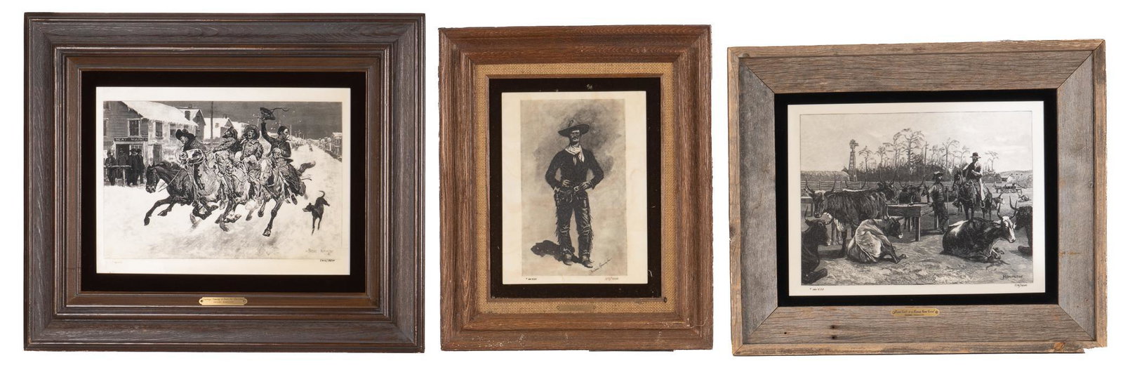 (3) Frederic Remington Designs on Marble: (3) Frederic Remington artworks on marble, from a limited edition sight: 11.5 x 15.5 in., frame: 21 x 25 in. / largest Provenance: A Shady Shores, Texas collection We happily provide seamless shipping