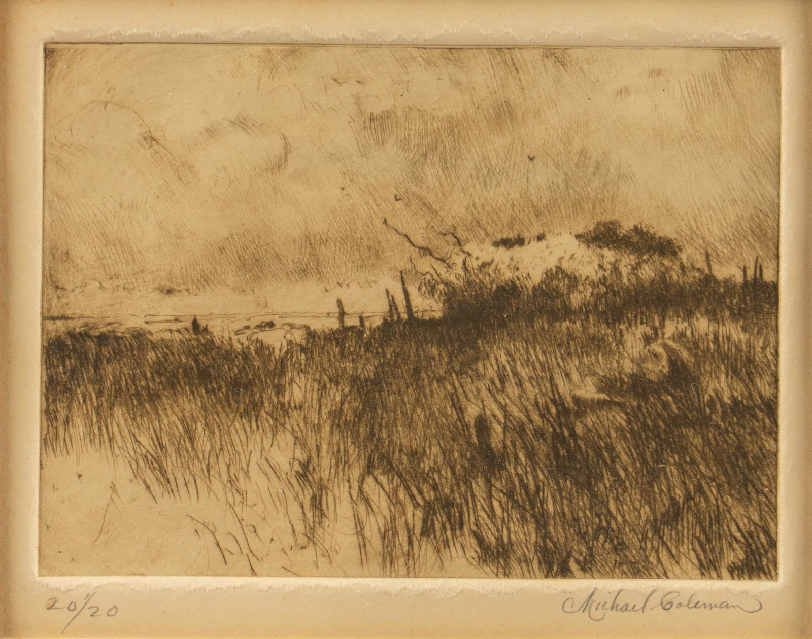 Michael Coleman, Coastal Etching: Michael Coleman, coastal etching, signed and numbered ed. 20/20 sight: 4 x 5 in., frame: 14 x 16 in. Provenance: A Colorado Springs, Colorado collection We happily provide seamless shipping service