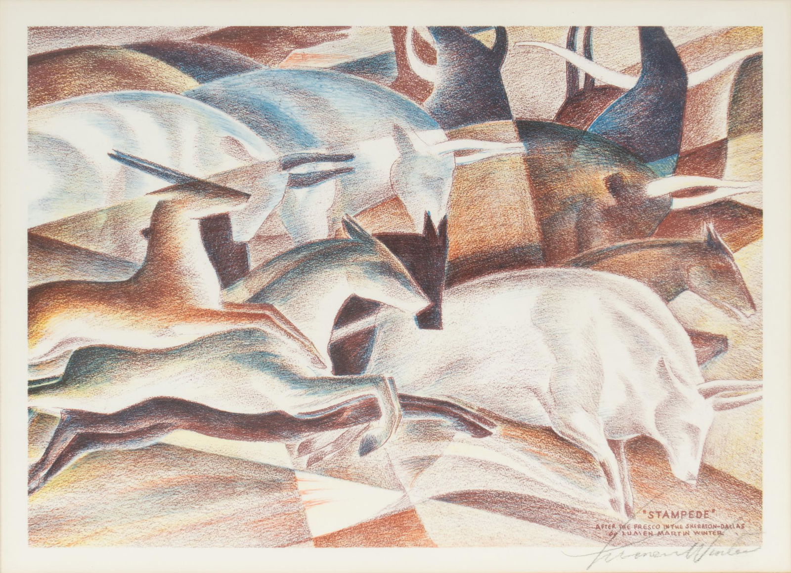 Lumen Winter, "Stampede": Lumen Martin Winter, "Stampede", signed lithograph depicting the 1959 fresco mural in the Sheraton-Dallas height 16.75 in. x width 22 in. x depth 1.75 in. We happily provide seamless shipping service