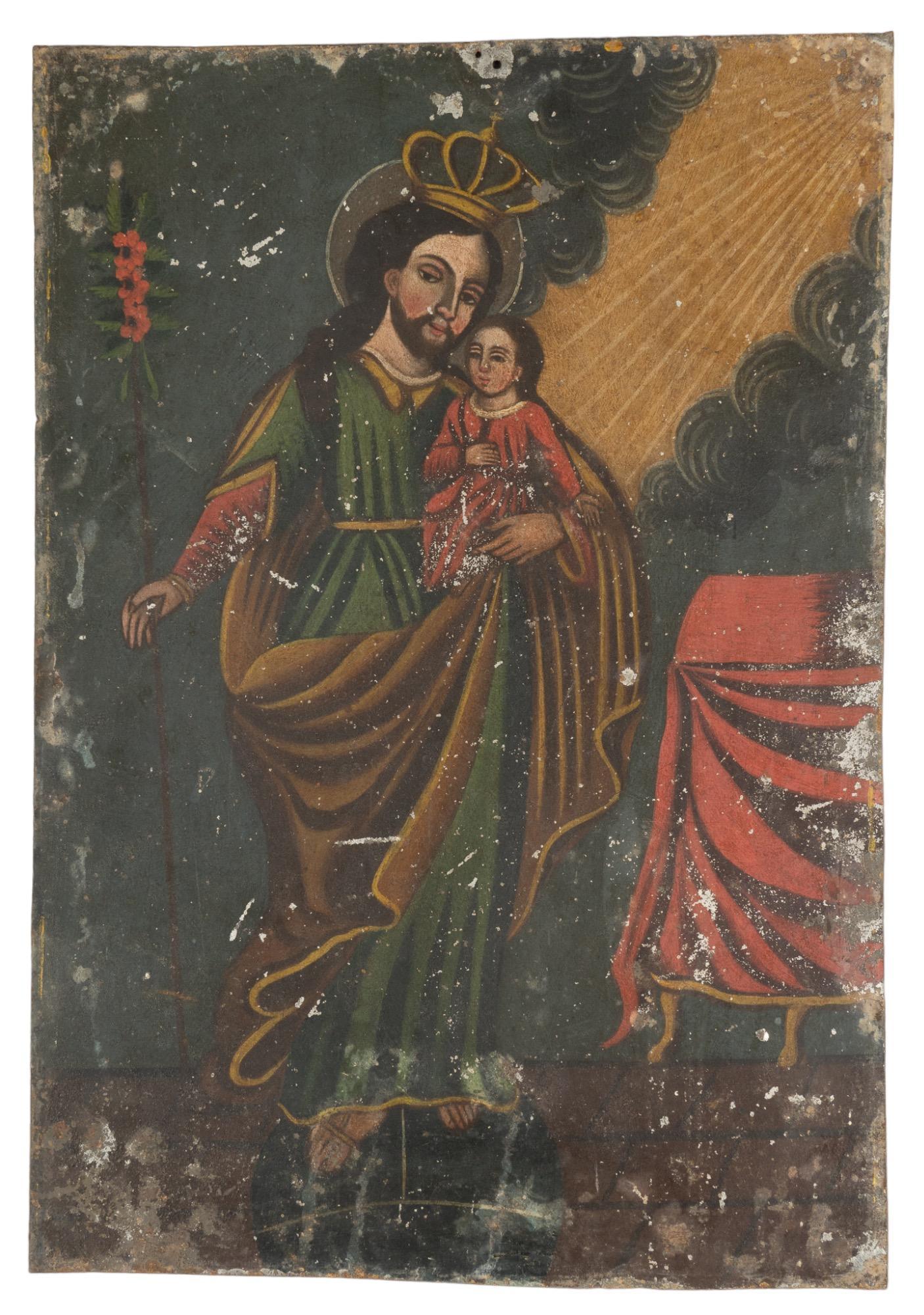 19th C. Mexican Retablo, San Jose y El Nino (1 of 4)