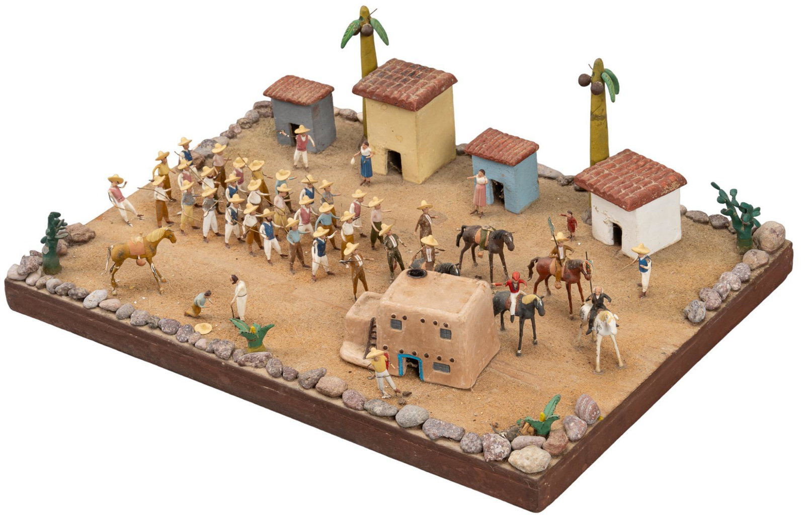 Mexican Independence Diorama (1810-1821): Hand-made and painted diorama depicting Padre Miguel Hidalgo y Costilla urging his congregation to take up arms and fight for Mexico's independence from Spain, featuring small dwellings, with livestoc