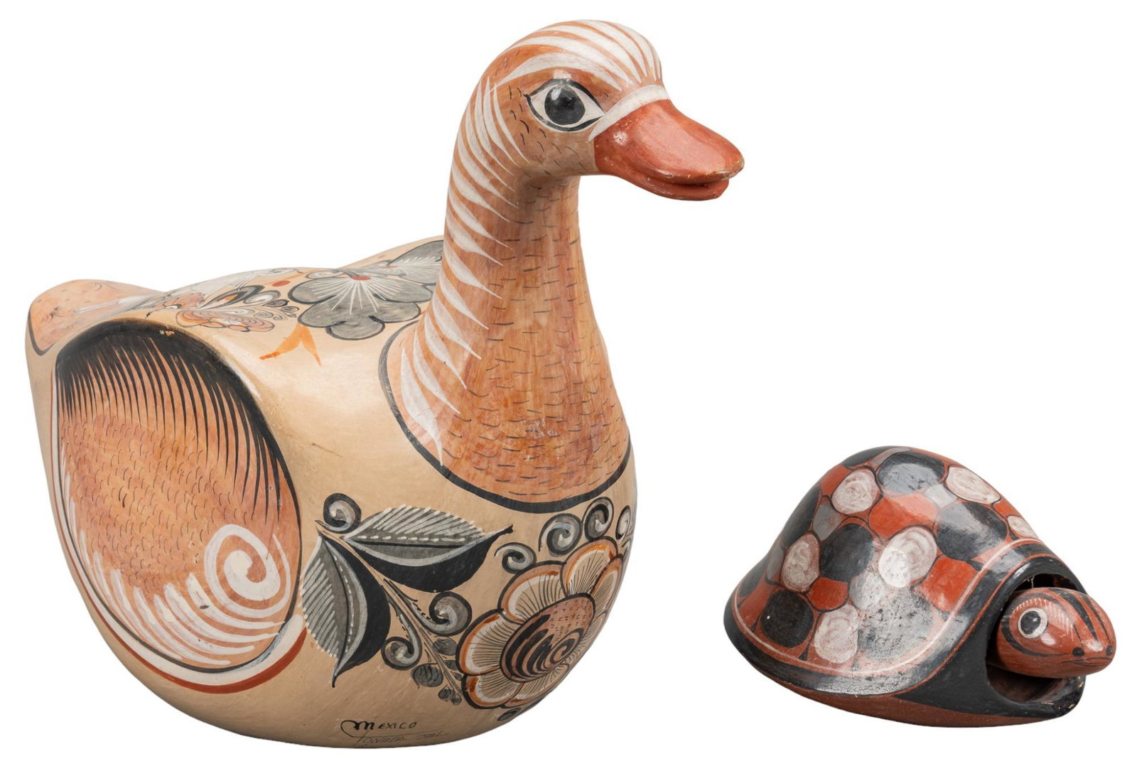 (2) Large Mexican Tonala Pottery Goose and Turtle (1 of 7)