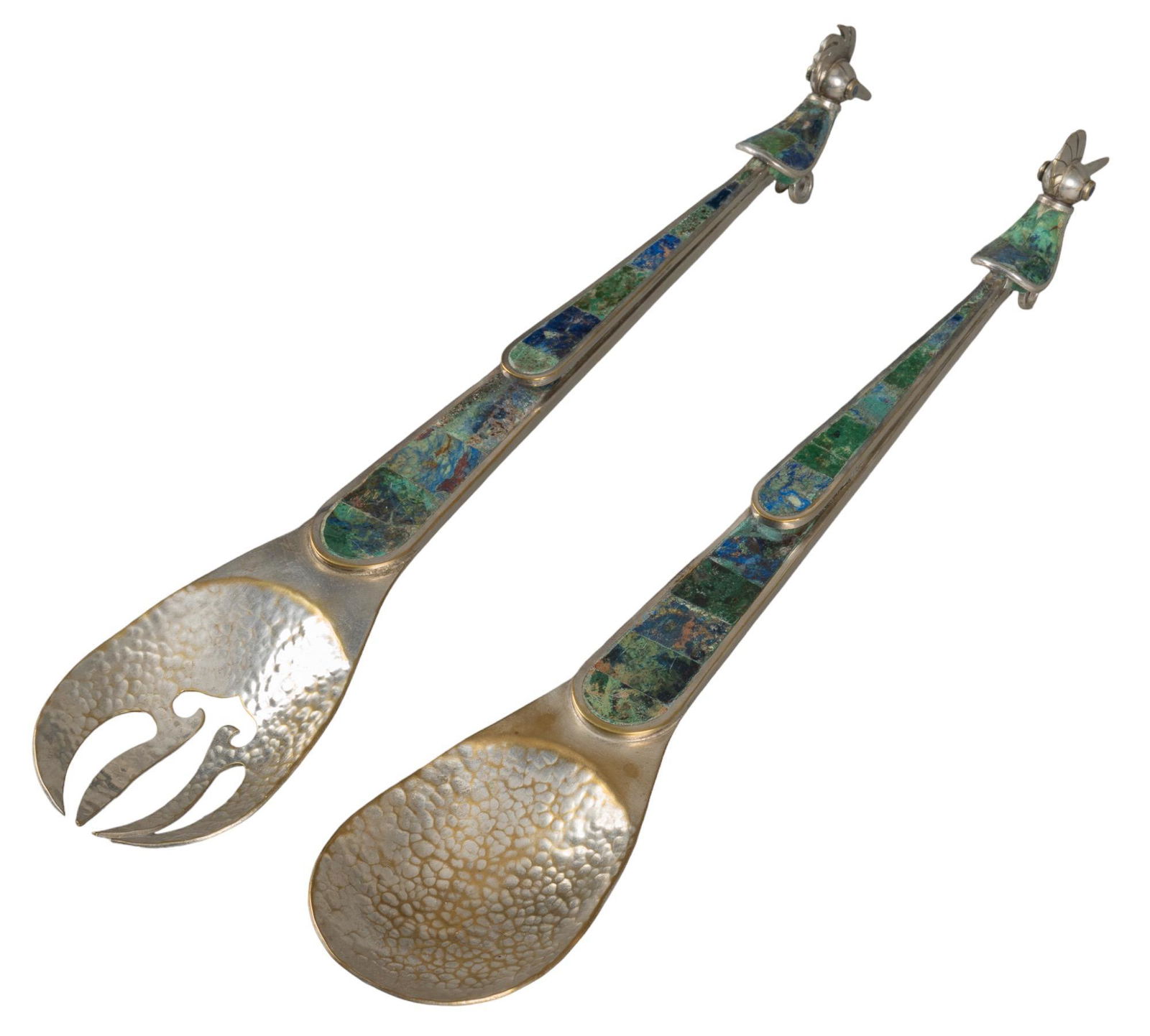 Los Castillo Style Salad Serving Set: Los Castillo style salad serving set, silverplated on copper, includes one fork, one spoon, with unpolished stone inlay, hummingbird ended handles, marked "Plateado / Mexico" length 13.5 in.
