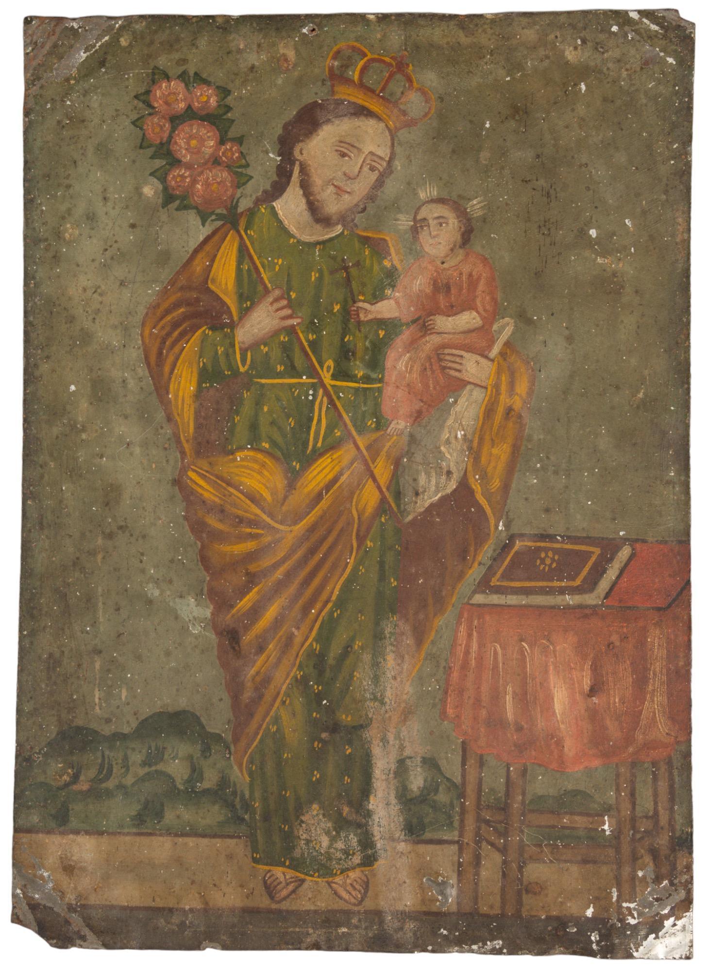 19th C. Mexican Retablo, San Jose Y El Nino (1 of 4)