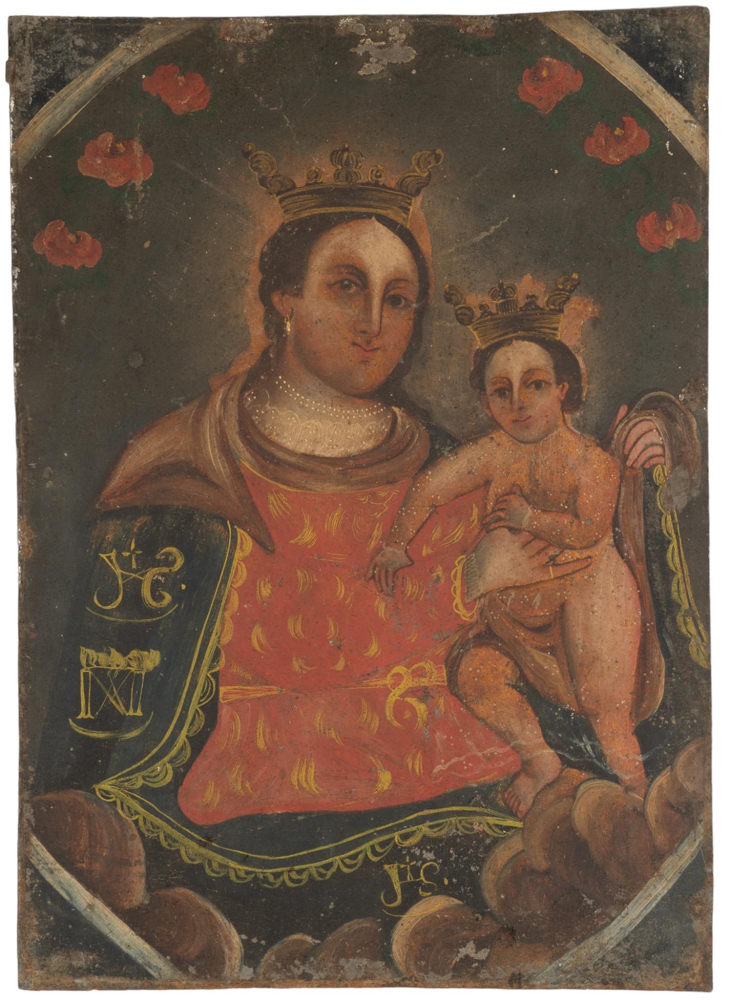 19th C. Mexican Retablo, Nuestra Senora del Refugio: Mexican retablo, depicting Nuestra Senora De Refugio De Los Pecadores (Our Lady Refuge of Sinners), crowned and with halo Madonna and Christ Child enthroned above clouds, oil on t