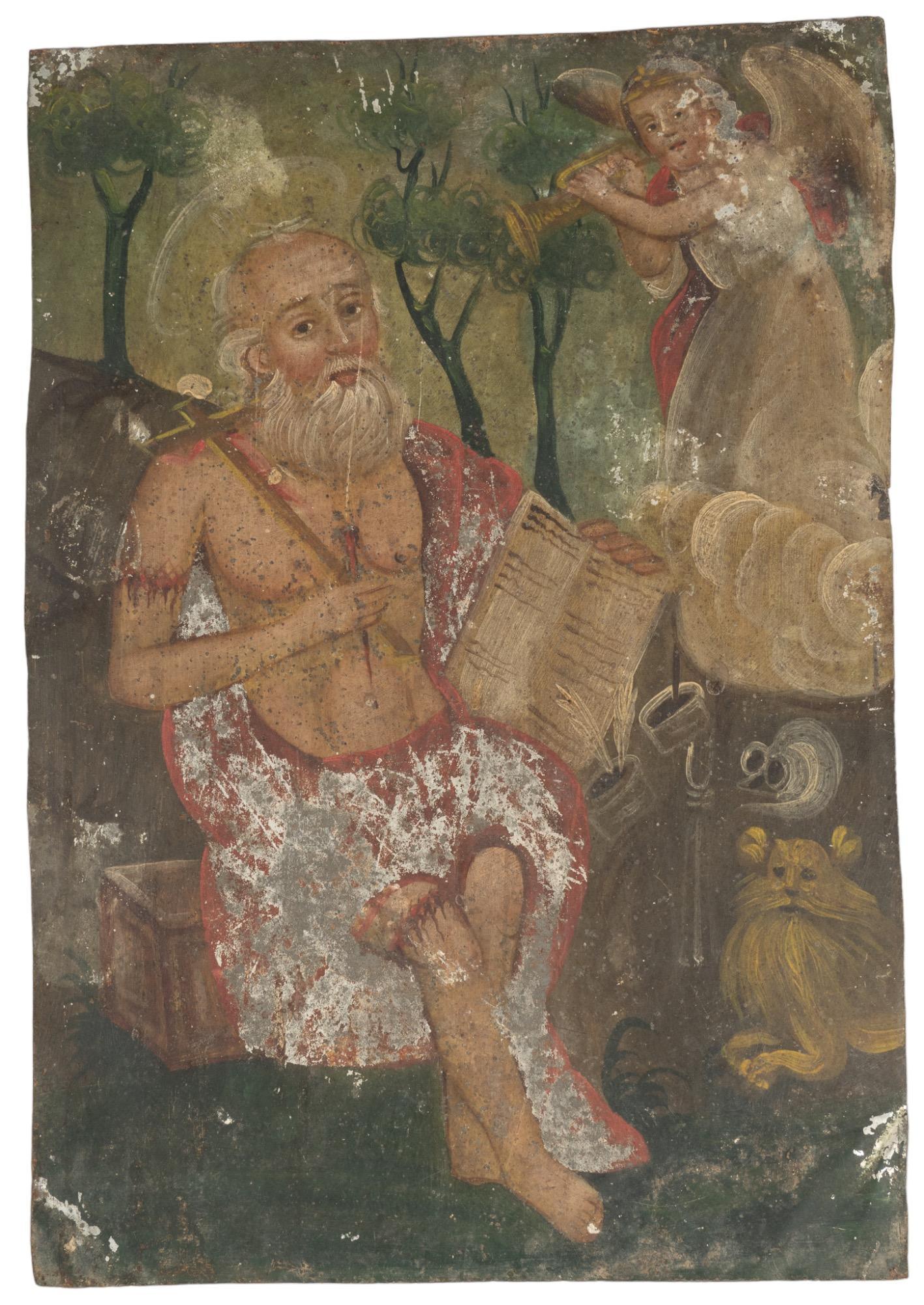 19th C. Mexican Retablo, San Geronimo: Mexican retablo, depicting San Geronimo (Saint Jerome), oil on tin, circa 19th century height 14 in. x width 9.75 in. Provenance: The collection of San A