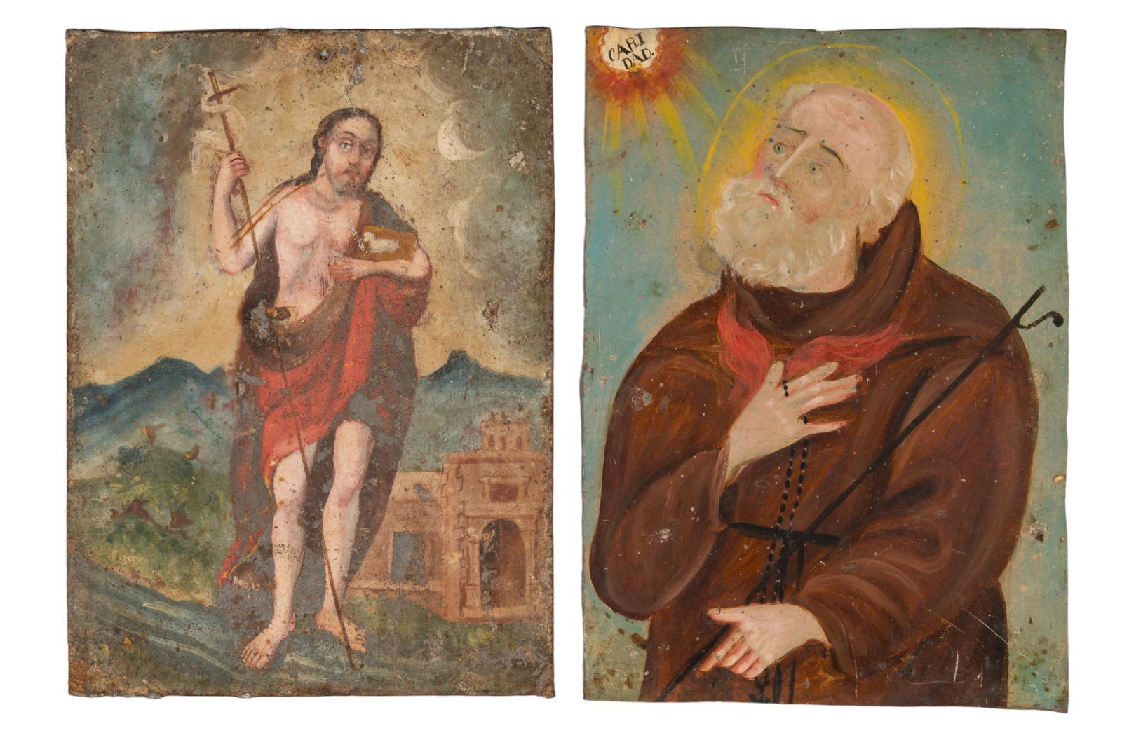 (2) 19th C. Mexican Retablos, San Juan Bautista and San Benedicto (1 of 5)