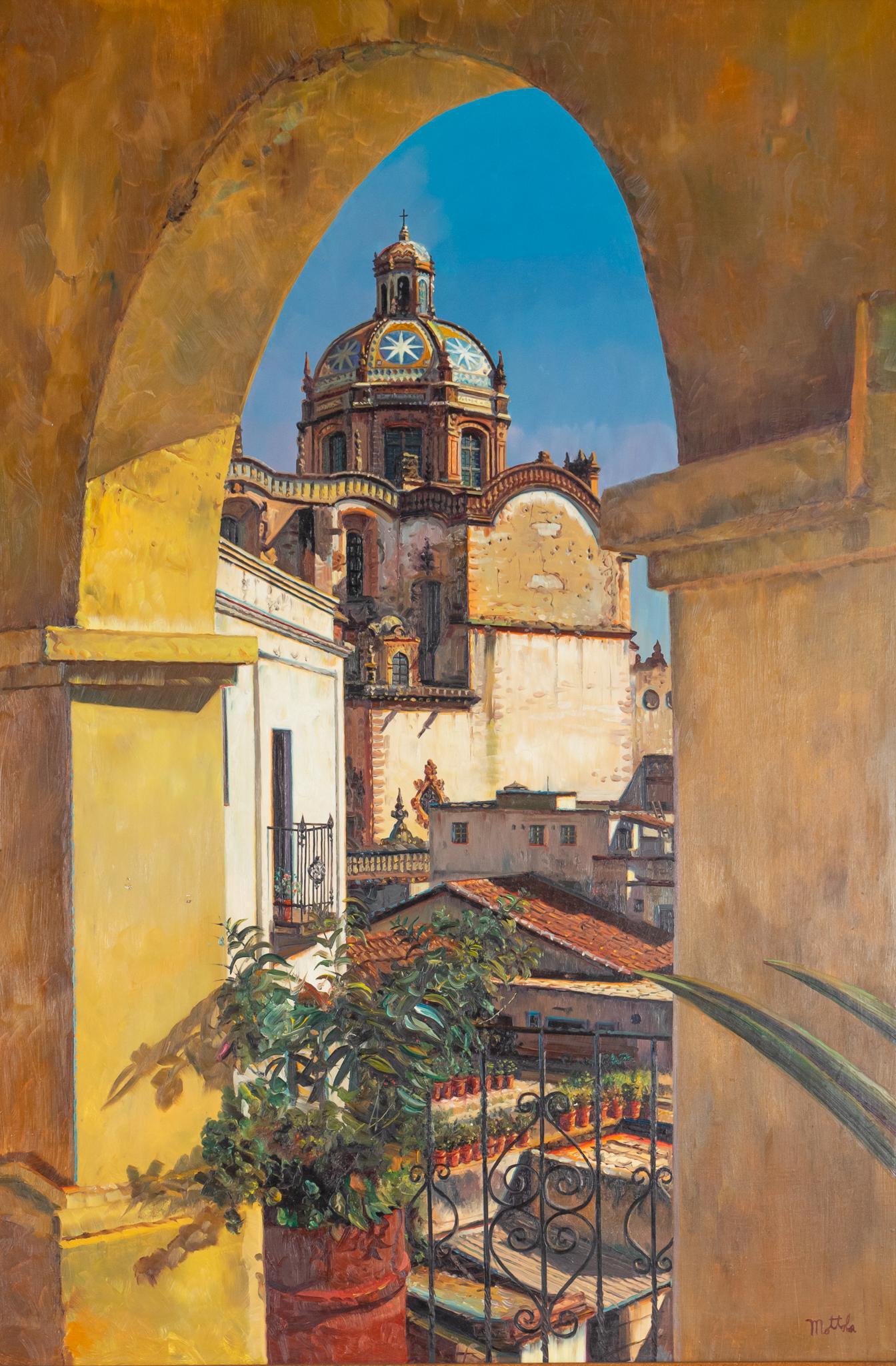 Filastro Mottola, "Church of Santa Prisca": Filastro Mottola (California, 1915-2008), "Church of Santa Prisca, Taxco, Mexico", oil on masonite sight: 36 x 24 in., frame: 45 x 33 in. €â€¹€â€¹€â€¹€â€¹&e
