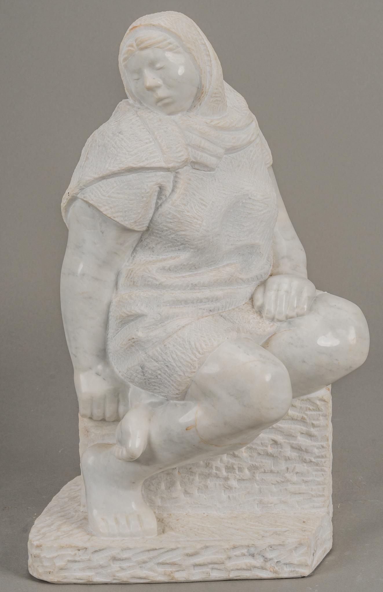 Gustav Nequiz, Seated Woman: Gustav Nequiz (Mexico, 20th-21st C.), seated woman in traditional dress, white marble height 18 in. x width 10 in. x depth 7 in. Provenance: The collection of a noted Latin American arts expert, who f