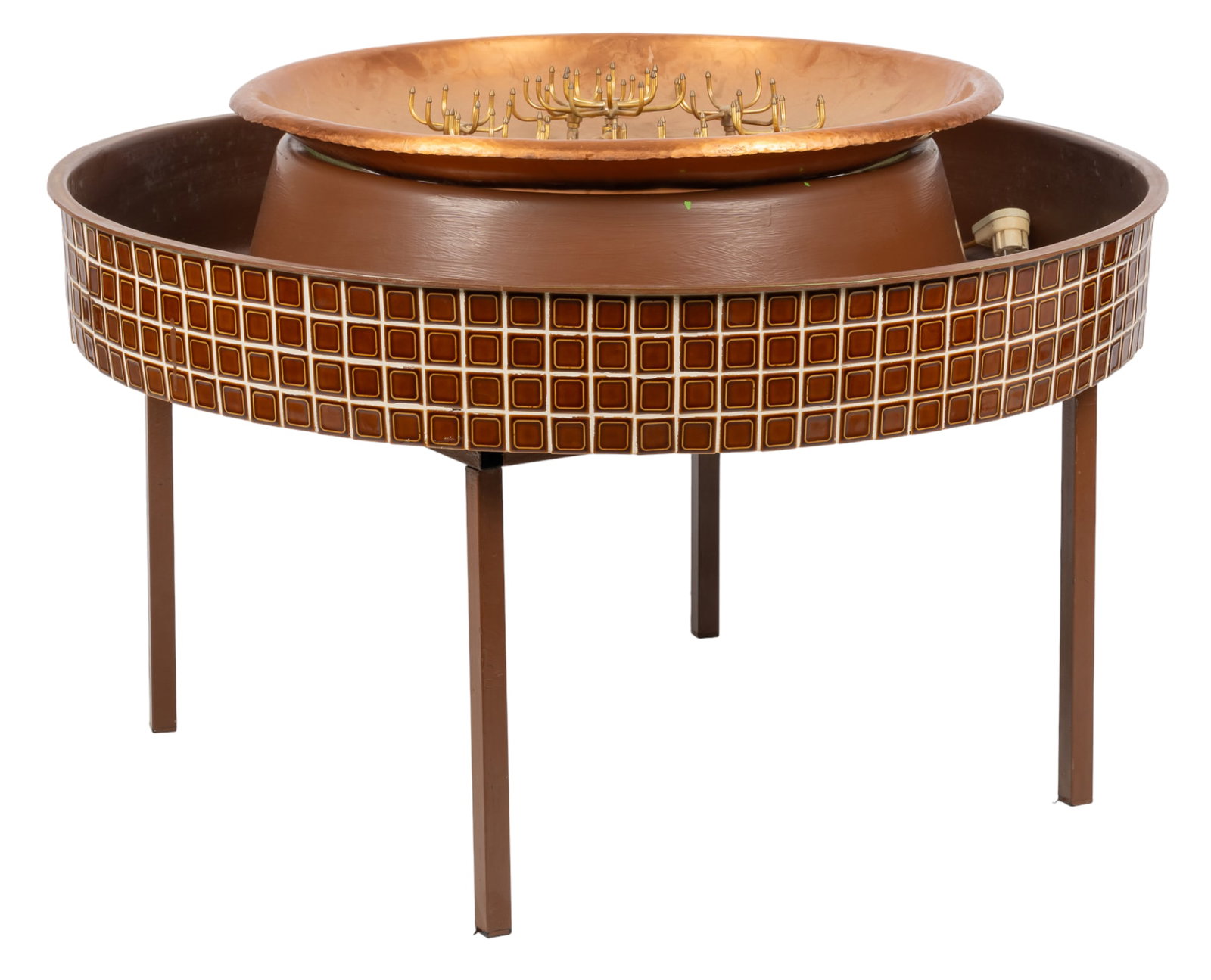 Danish Mid-Century Fountain: Danish Mid-Century fountain water feature, consisting of copper interior with fountains contained within a larger offshoot tray that is tiled to the exterior, raised on straight legs