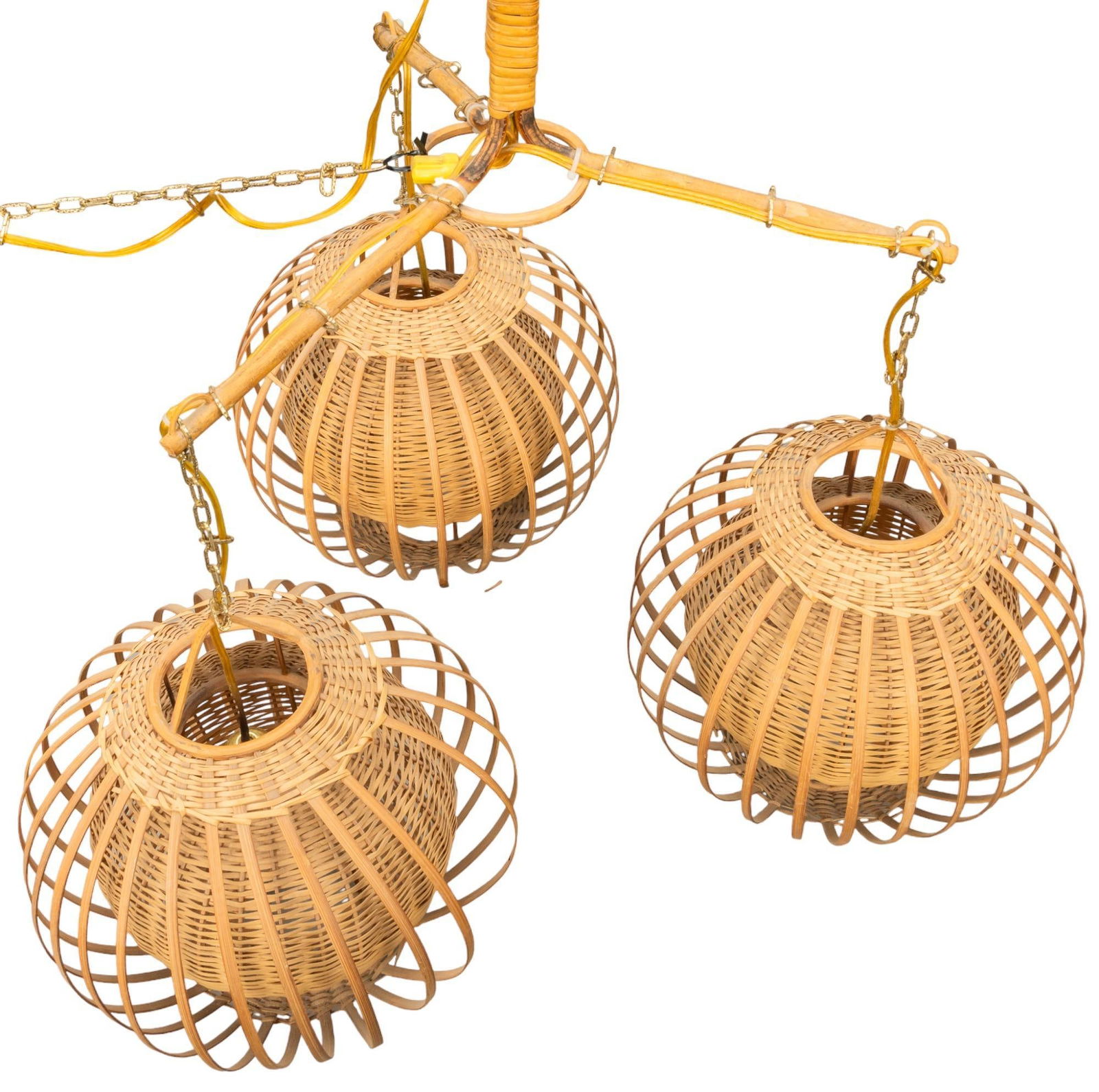 Mid-Century Triple Woven Wicker Shade Pendant Lamp (1 of 7)