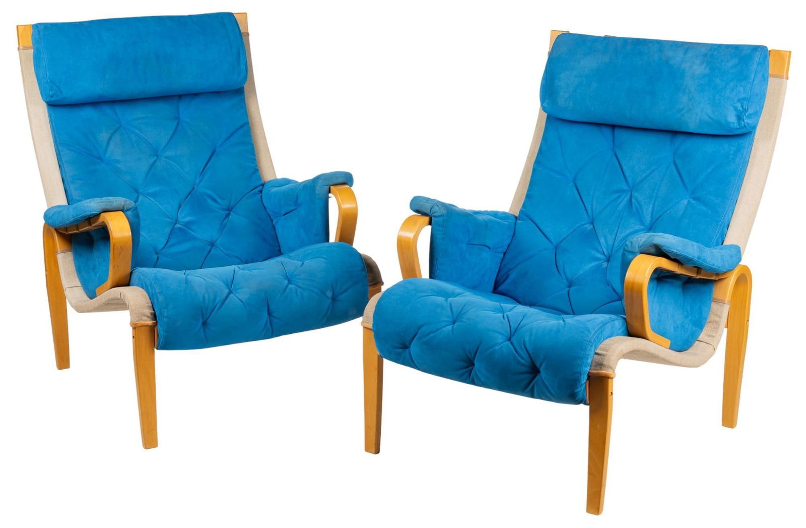 Danish Mid-Century Pernilla Lounge Chairs: Pair of Danish Mid-Century "Pernilla" lounge chairs,after Bruno Mathsson, featuring tufted suede upholstery, supported on bentwood frame height 37.5 in. x width 27 in. x de