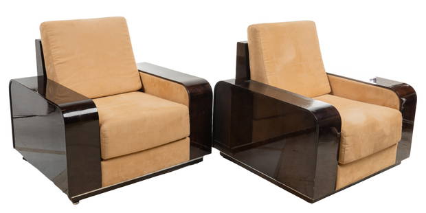 Pair of Attrib. Giorgio Collection (ITA) Art Deco Style Armchairs: Pair of Art Deco style armchairs, attributed to Giorgio Collection (Italy), with oversize tub frame, featuring sycamore veneer, supporting suede upholstered seats height 36 in. x width 39 in. x dept