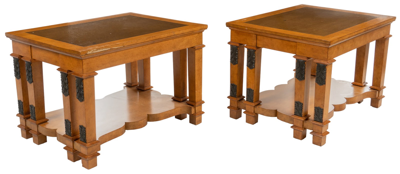 Pair of Side Tables: Pair of side tables, with oversize tops, supported on tapered legs, featuring architectural motifs, foliate applique, stretchered by shaped storage tier height 24 in. x width 35.5 in. x depth 47 in. P