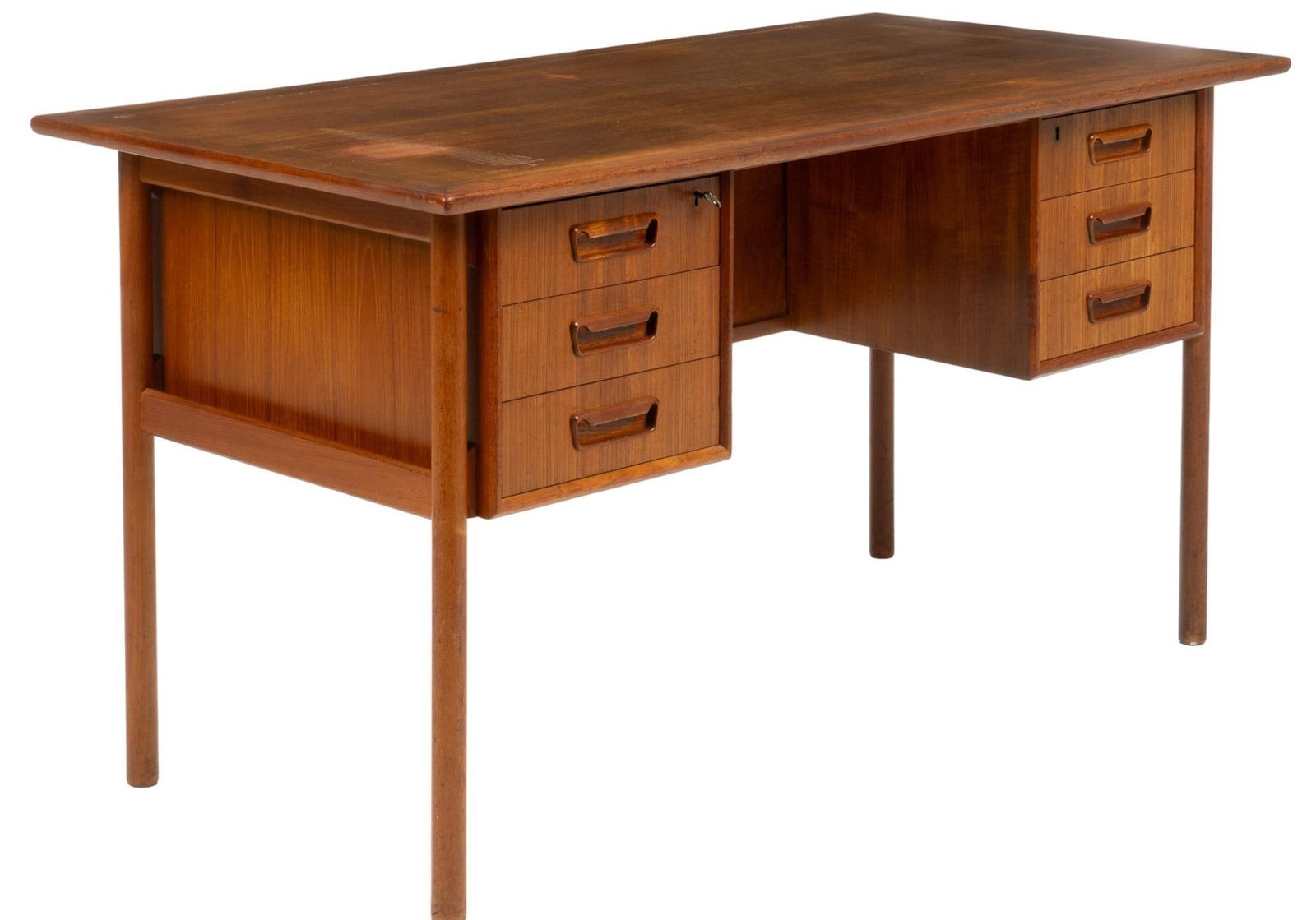 Danish Mid-Century Kneehole Desk: Danish Mid-Century kneehole desk, having oversized wooden top and six drawers height 29 in. x width 54 in. x depth 26.5 in. We happily provide seamless shipping services on everything we sell. Please 